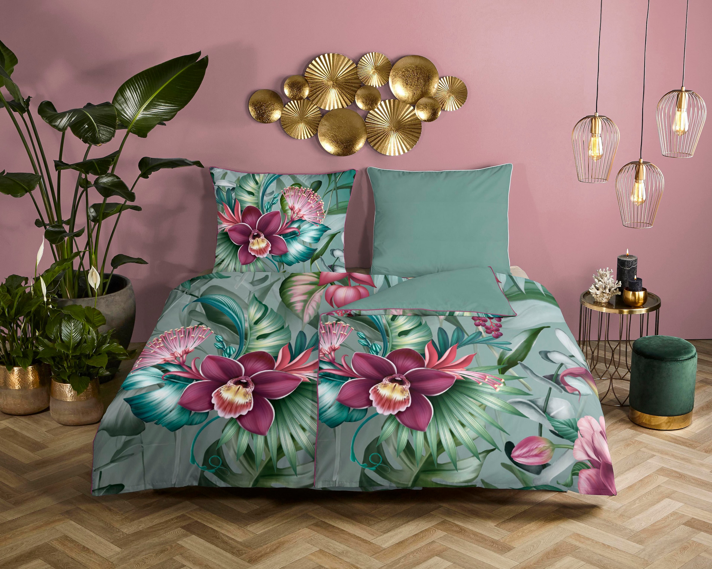 Descanso Wendebettwäsche »Allison«, Baumwolle, Satin, 135x200, Biese, Reißverschluss, Wende, Blumen Grün