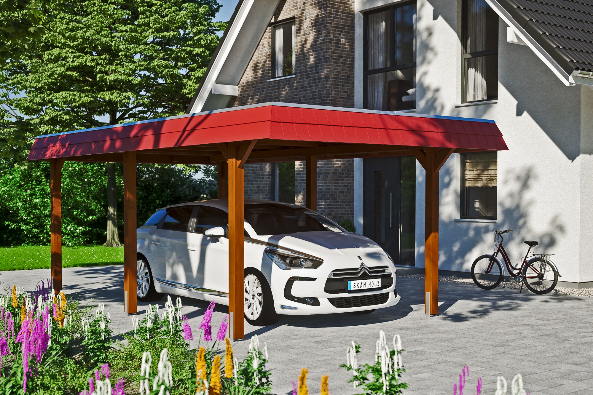Skanholz Einzelcarport »Wendland«, Leimholz-Fichte, 291 cm, Nussbaum, mit EPDM-Dach, rote Blende