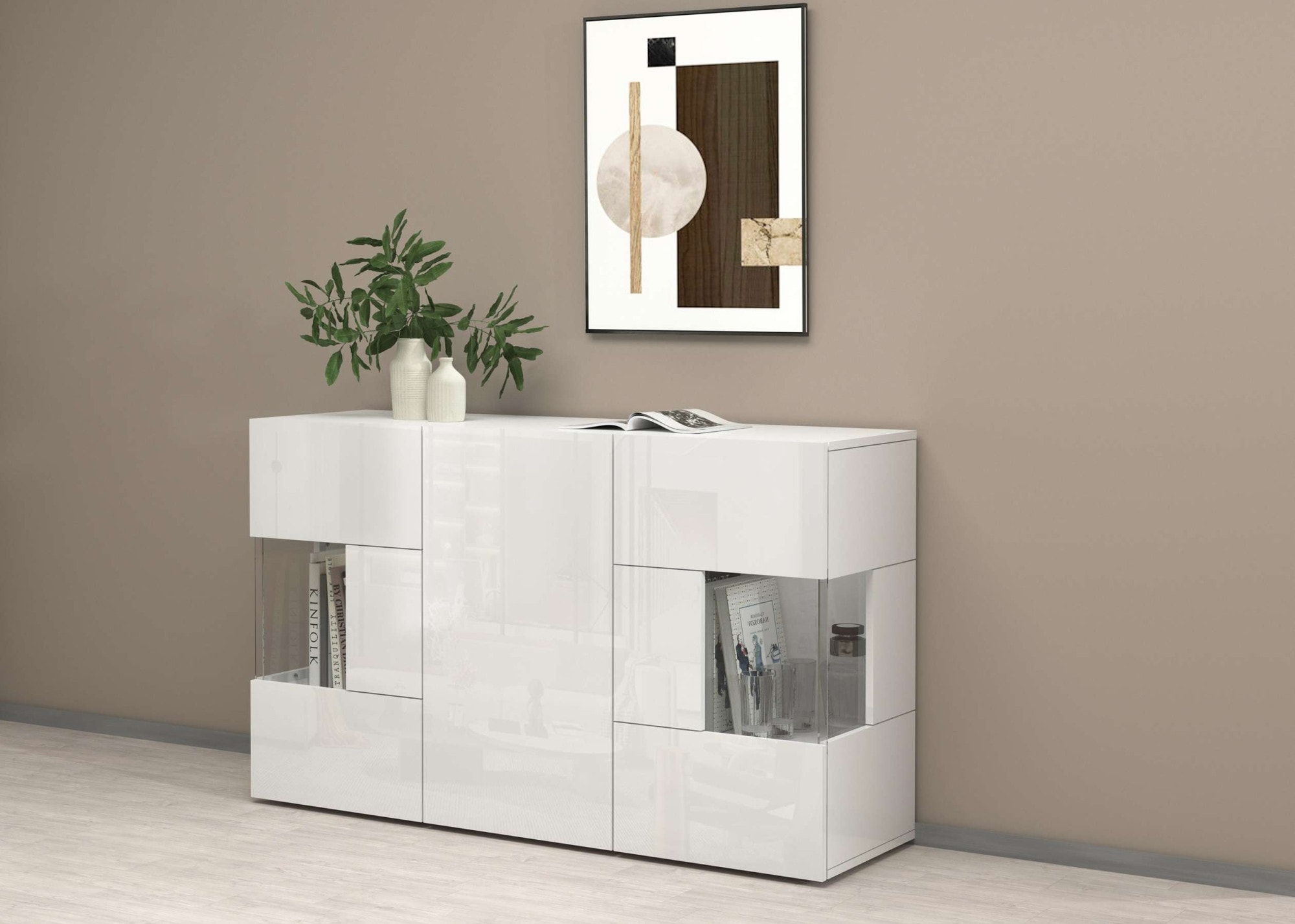 INOSIGN Sideboard »Egypt, Kommode, Schrank, Kredenz, Vitrine grifflos«, 3 Türen davon 2 mit Glaseinsatz, kompl. Hochglanz lackiert Breite 135