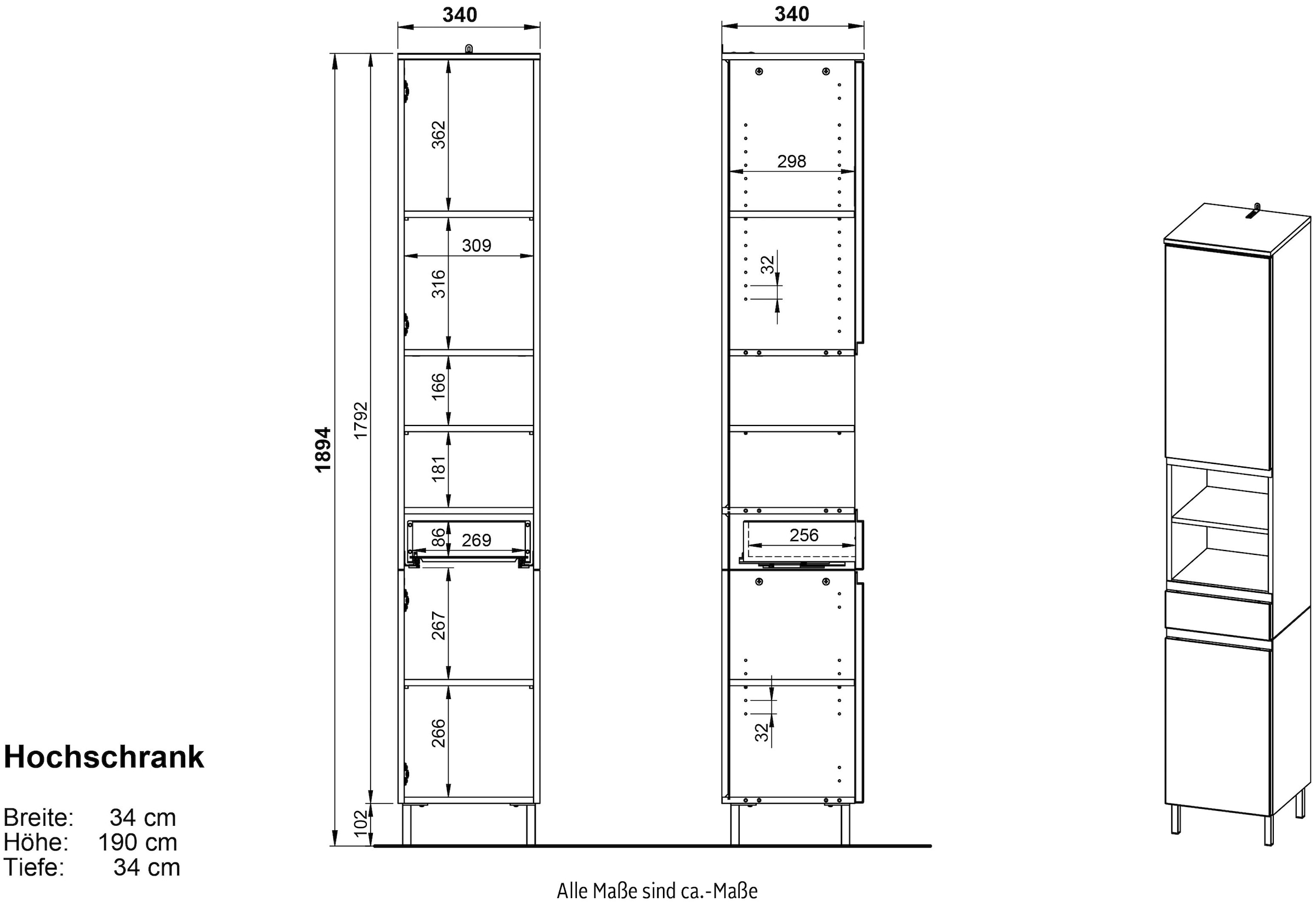 GERMANIA Badmöbel-Set »Torrance«, (4 St.), Unterschrank, Spiegelschrank mit Beleuchtung, Kommode und Hochschrank