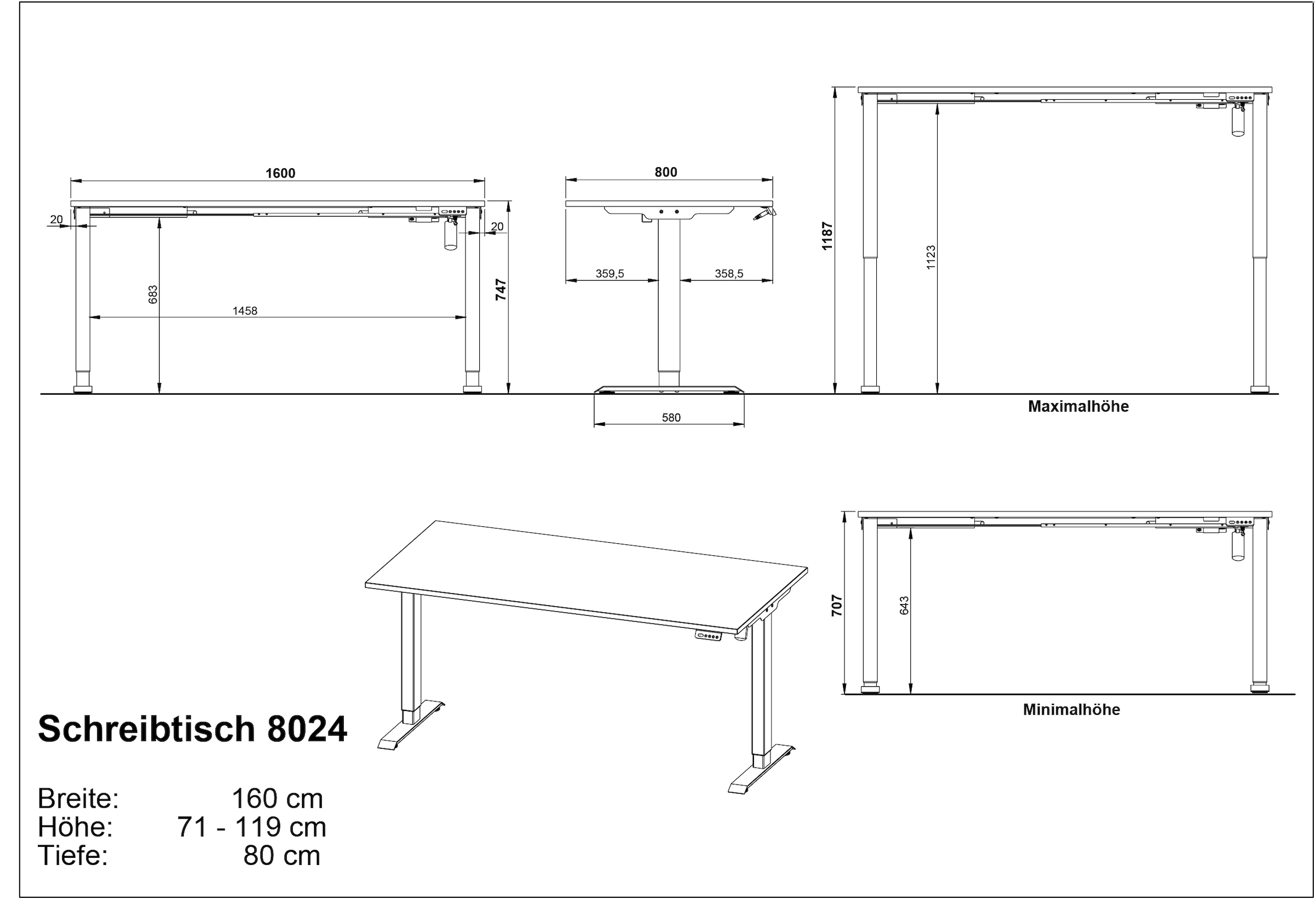 GERMANIA Schreibtisch »Boras, elektrisch höhenverstellbar«, Breite 120/140/160 cm, Metallgestell, Made in Germany