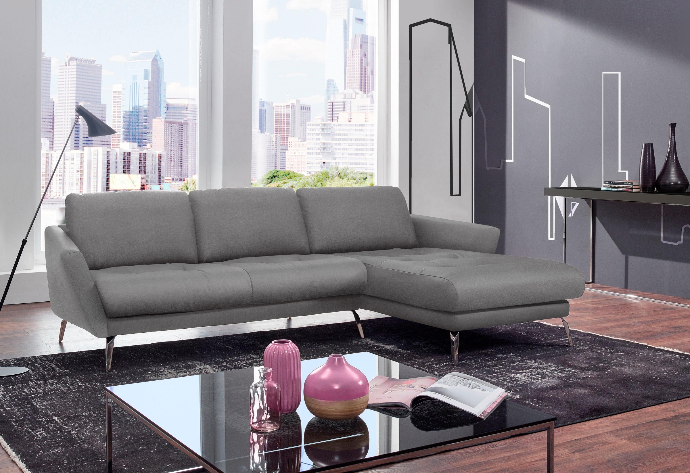 W.SCHILLIG Ecksofa »softy, Designsofa, zeitlos und elegant, hoher Sitzkomfort, L-Form«, mit dekorativer Heftung im Sitz, Füße Chrom glänzend