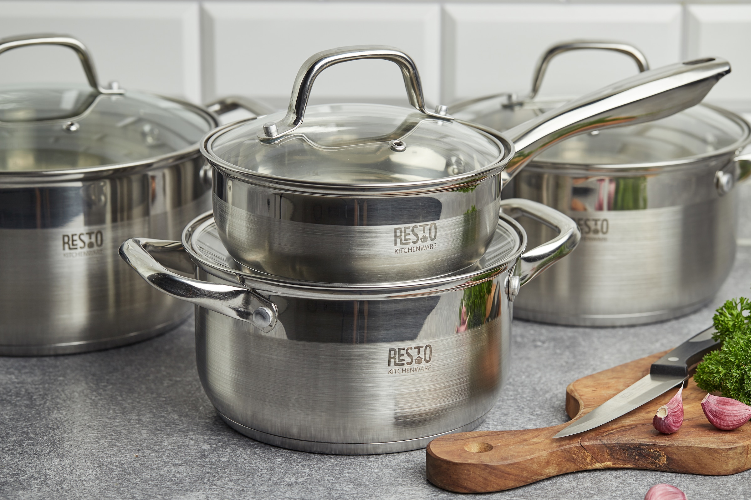 RESTO Kitchenware Topf-Set »LIBRA, spülmaschinengeeignet« Set, 1x Soßentopf Ø 16 cm m. Deckel, 4x Kochtopf Ø 18/20/22/24 cm m. Deckel, 10 tlg. Edelstahl 18/10