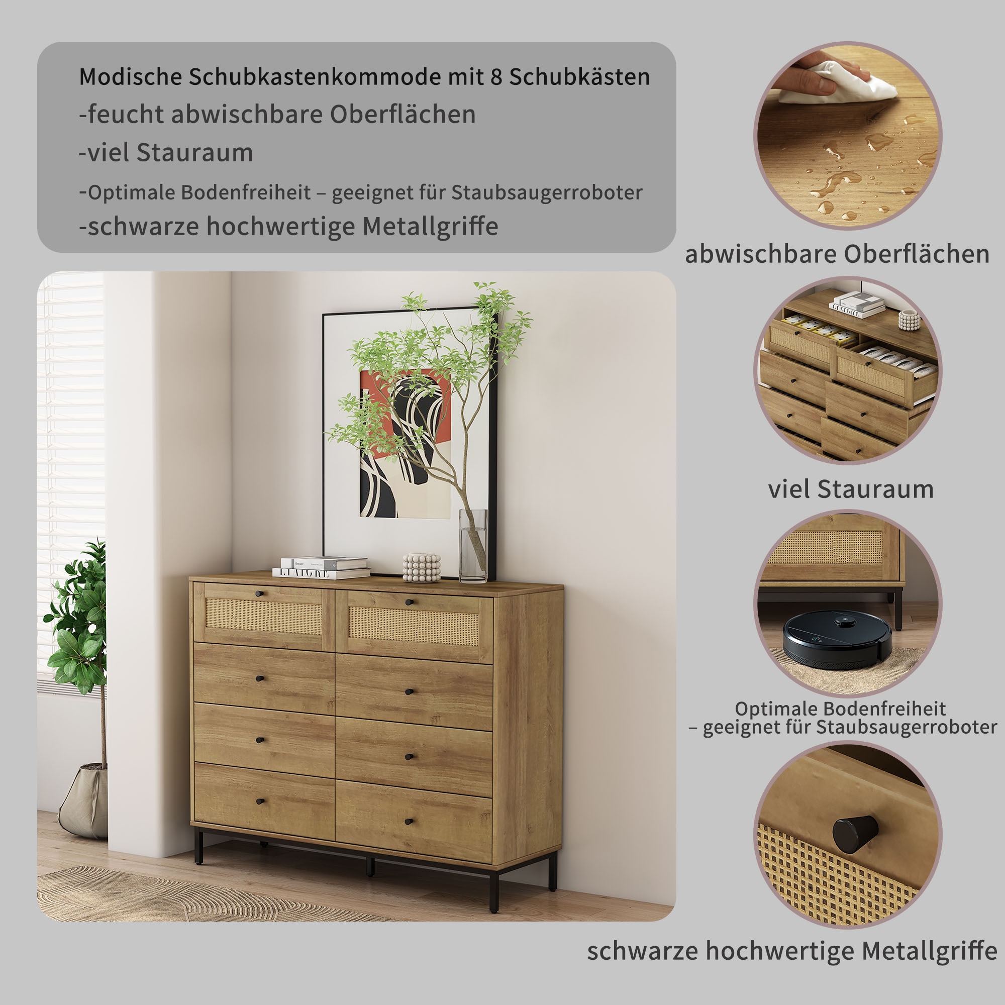 OTTO home Kombikommode »Motala Wäsche Schrank mit 8 Schubladen Sideboard BOHO Design« Eichen-Design mit schwarzen Griffen und Geflecht Schubladen, 