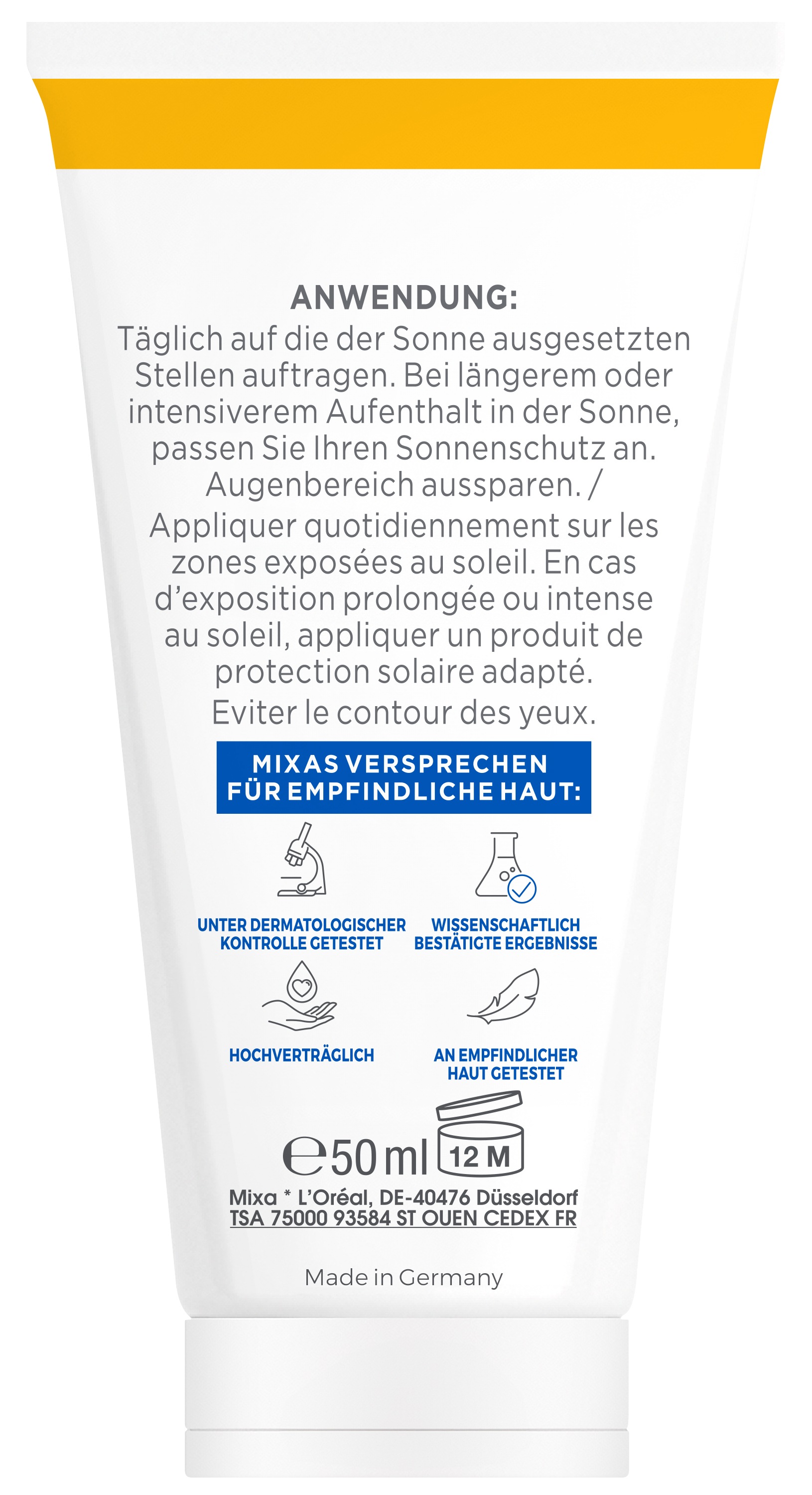 Mixa Körpercreme »Mixa Niacinamide Bright Creme LSF 50«, Mildert sonnenbedingte Pigmentflecken, versorgt trockene Haut.