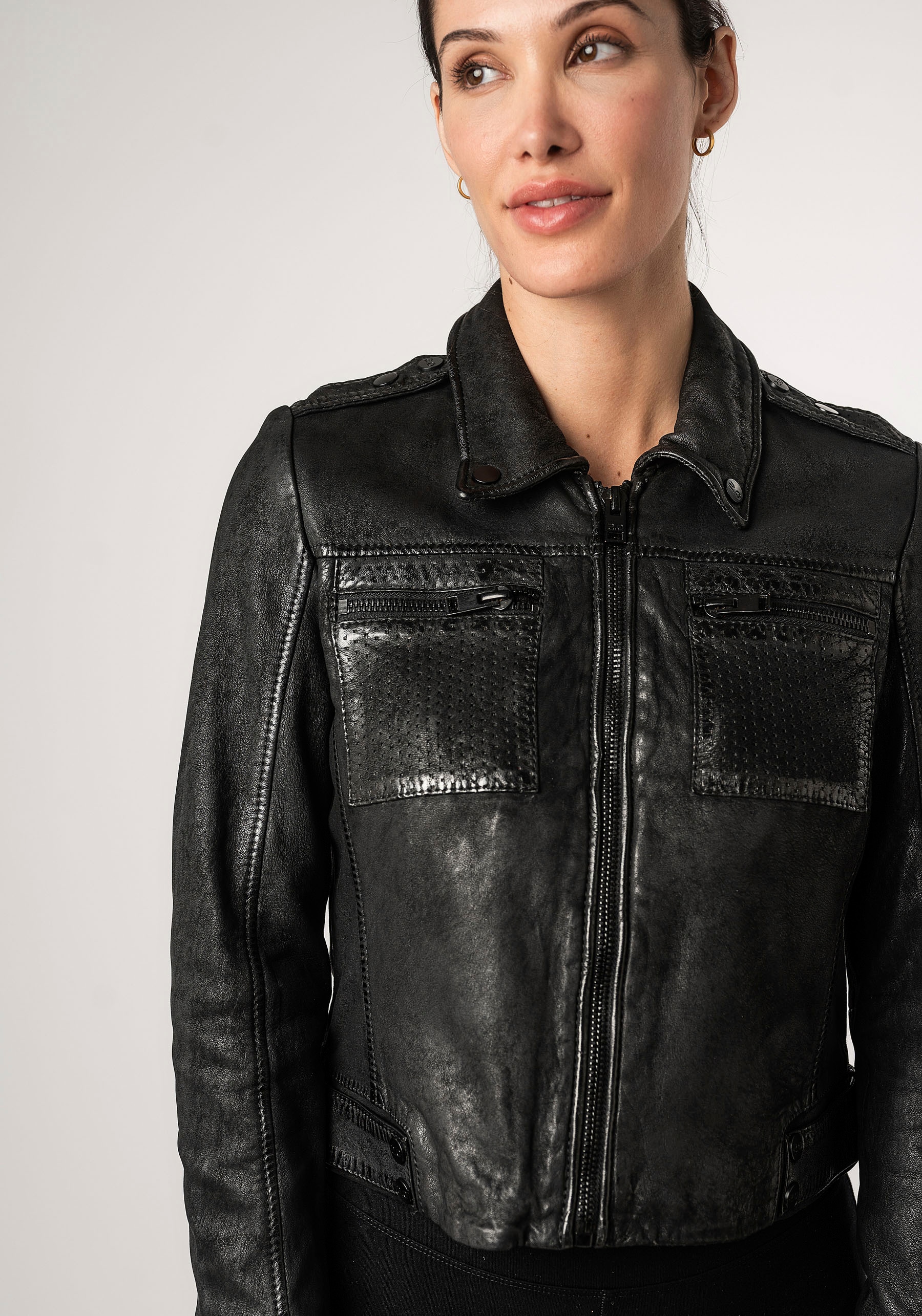 Mauritius Lederjacke »2Wmarin STR«, mit Kapuze, mit Schulterklappen, mit Brusttaschen, mit Nieten