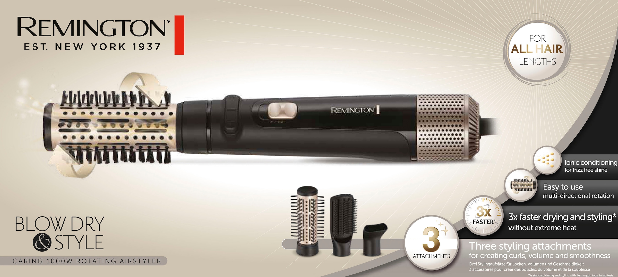 Remington Warmluftbürste »Blow Dry & Style AS7580«, 3 Aufsätze, 1.000 Watt (rotierender Airstyler/Rund-& Lockenbürste) alle Haarlängen