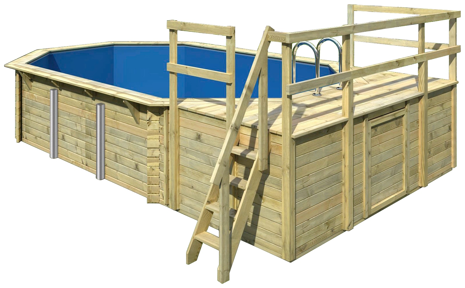 Karibu Achteckpool »PALMA Set D BxLxH: 358x569x124 cm, mit Sonnendeck und 2 Eck-Terrassen« 38 mm starke Holzbohlen aus Fichtenholz