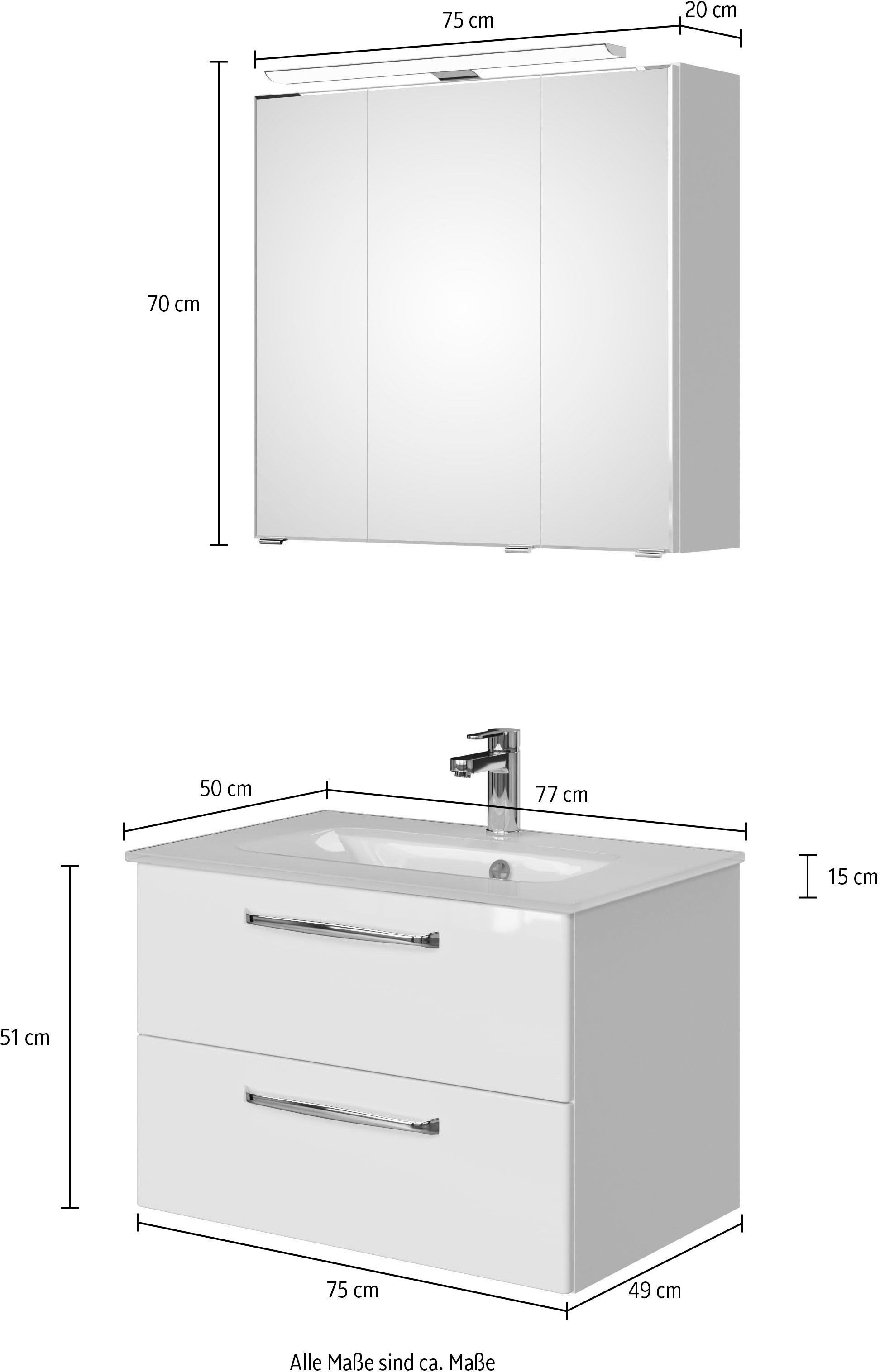 Saphir Badmöbel-Set »Trentino 2-teilig Glas-Waschtisch, Spiegelschrank mit LED-Leuchte«, (3 St.), Badmöbel-Set 77cm breit, inkl. Türdämpfer, 3 Türen, 2 Auszügen