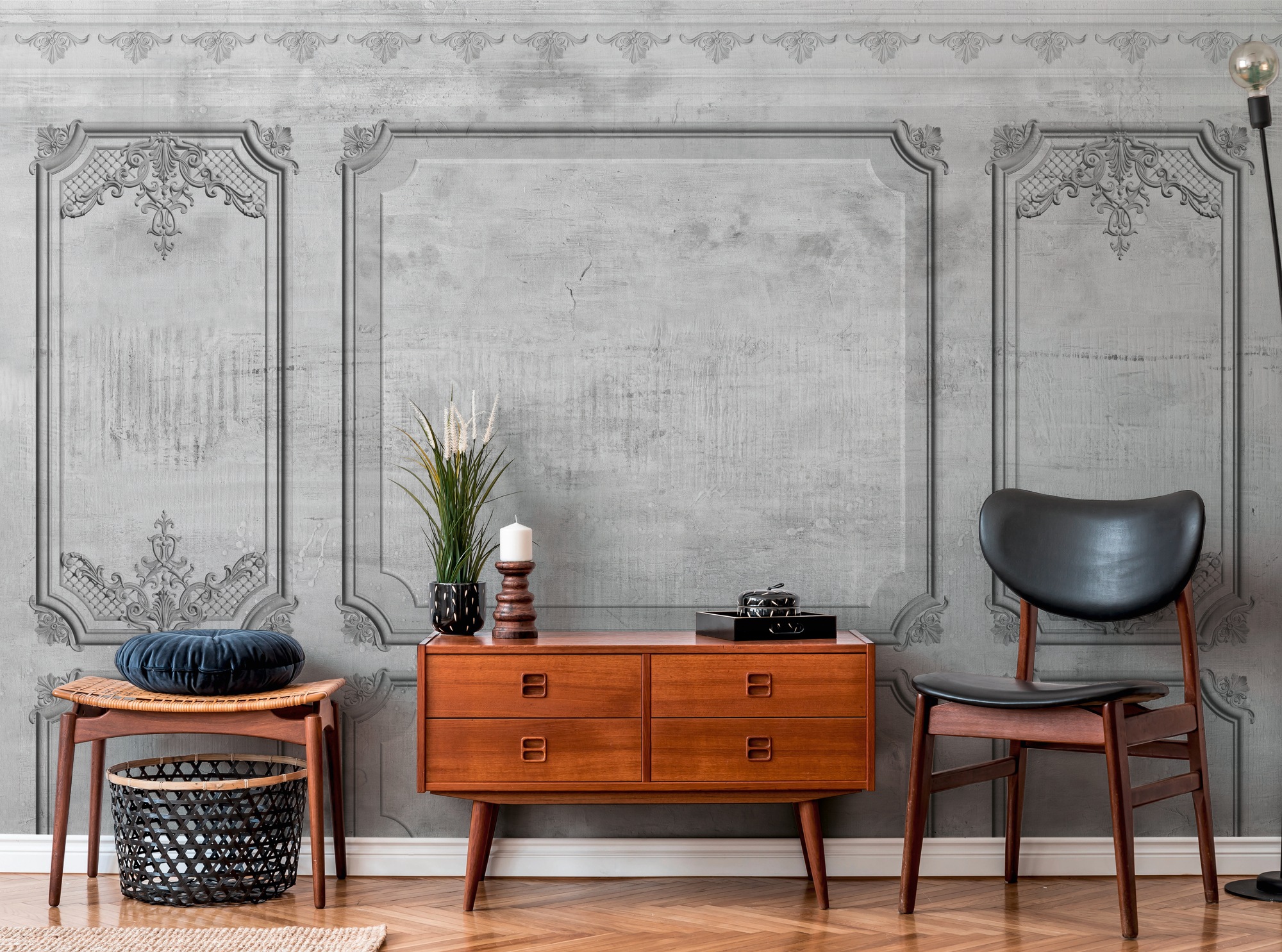 A.S. CRÉATION Vliestapete »Klassisches Wandpaneel Tapete Grau Barock« matt strukturiert grau B/L: 2,55 m m x 3,5 m m