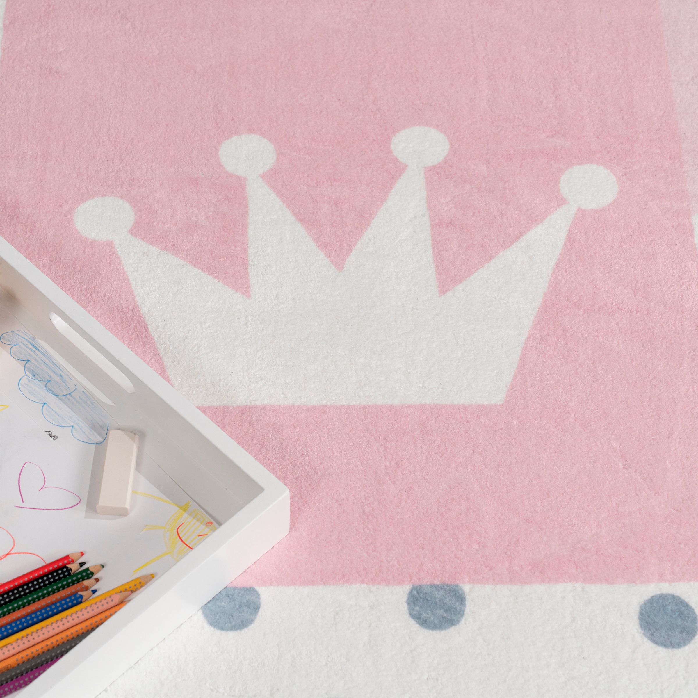 Paco Home Kinderteppich »Eliz 391«, rund, 12 mm Höhe, Kurzflor, Spielteppich, Patchwork-Muster, Motiv Krone, Herz & Punkte