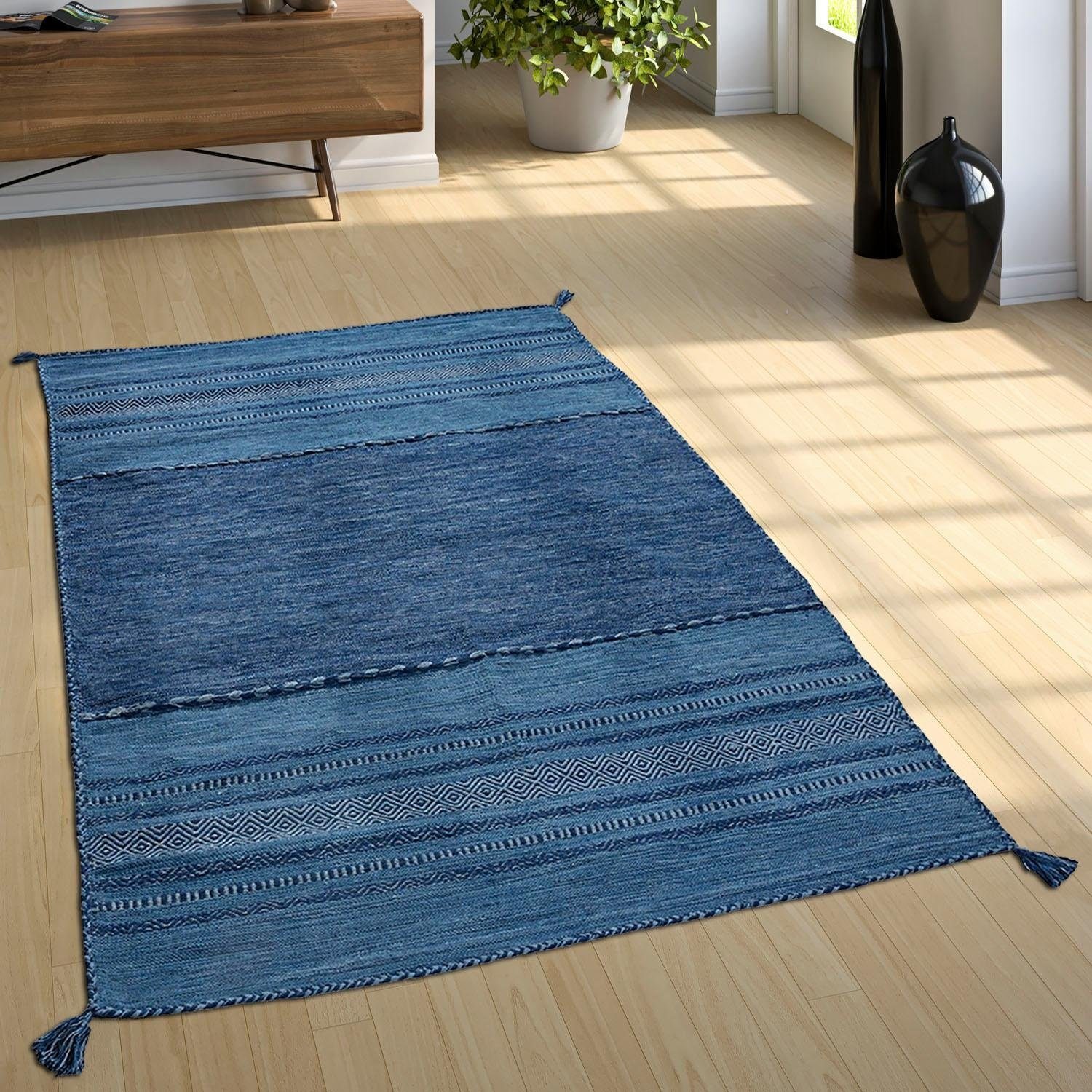 Paco Home Teppich »Kilim 217«, rechteckig, 12 mm Höhe, handgewebter Wendeteppich, reine Baumwolle, gestreift, Wohnzimmer