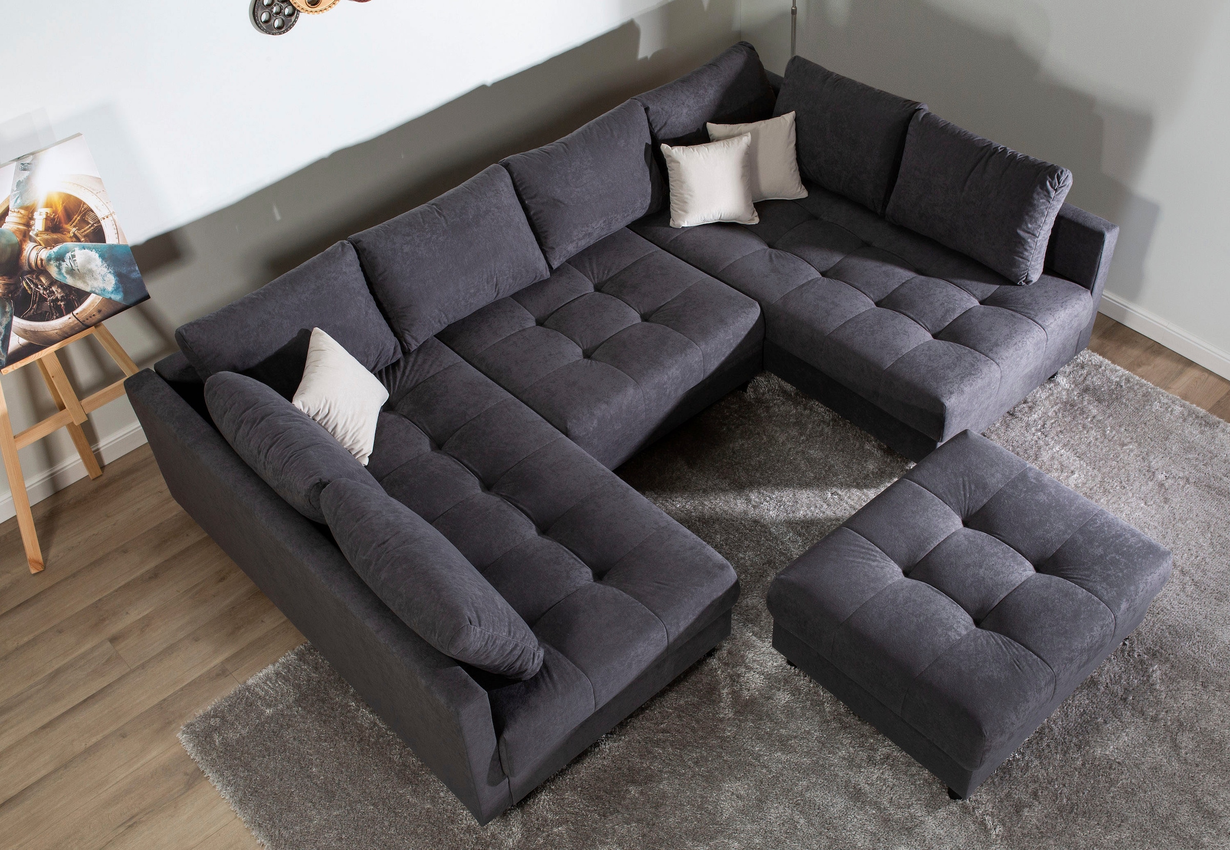 COLLECTION AB Wohnlandschaft »Toni U-Form, B: 298 cm, Liegefl. 282x178cm« Set 2tlg. Sofa + Hocker, mit Schlaffunktion, Federkern, 3 Zierkissen
