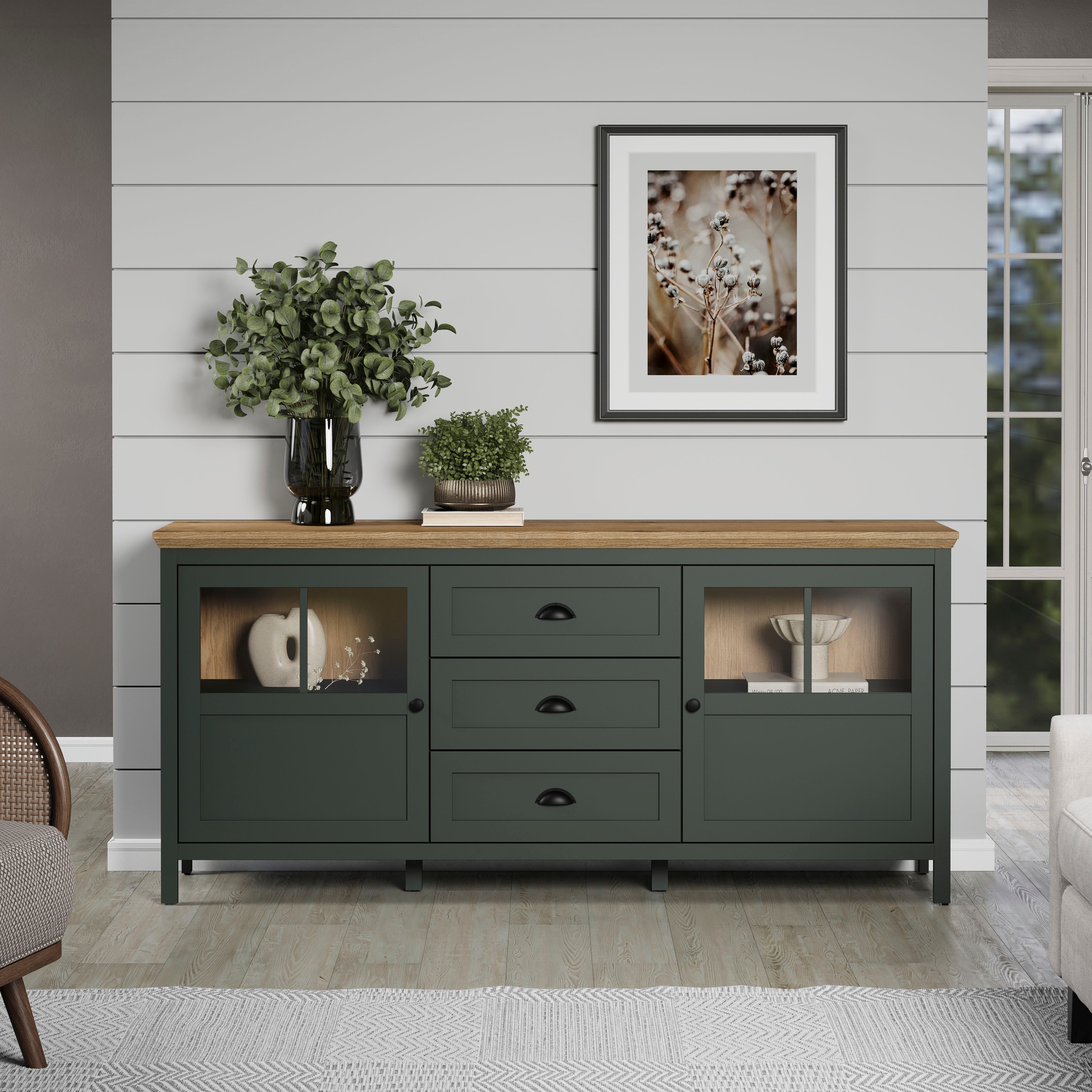 Home affaire Sideboard »Vienna«, (1 St.), Kommode im Landhausstil - Beleuchtung, Glastüren - B/T/H 185/45/86 cm
