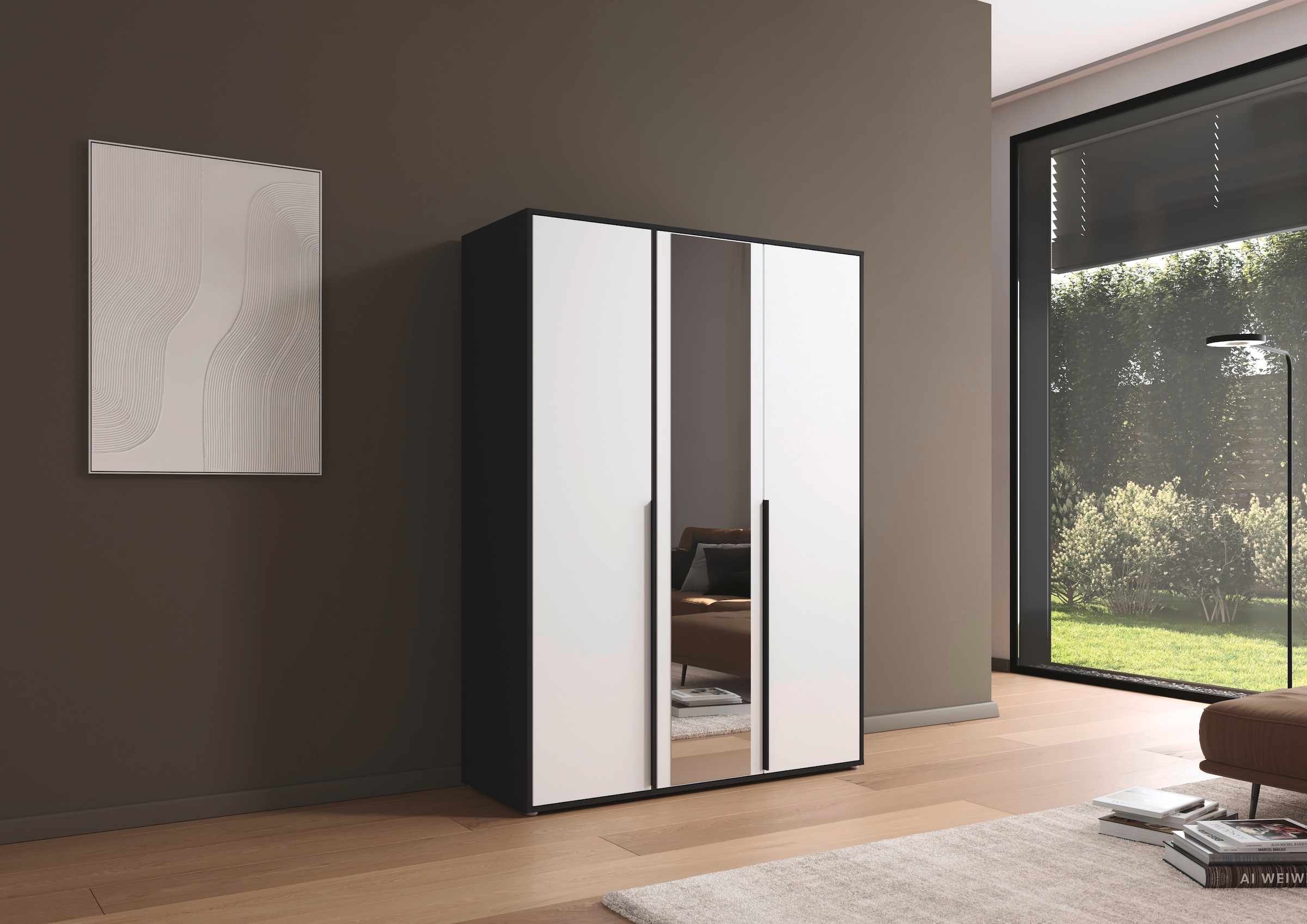 rauch Drehtürenschrank »Kleiderschrank Schrank Garderobe Wäscheschrank NAGATA mit Spiegel«, (in 3 verschiedenen Ausstattungen BASIC/CLASSIC/PREMIUM), und modernen Stangengriffen in Graumetallic TOPSELLER MADE IN GERMANY