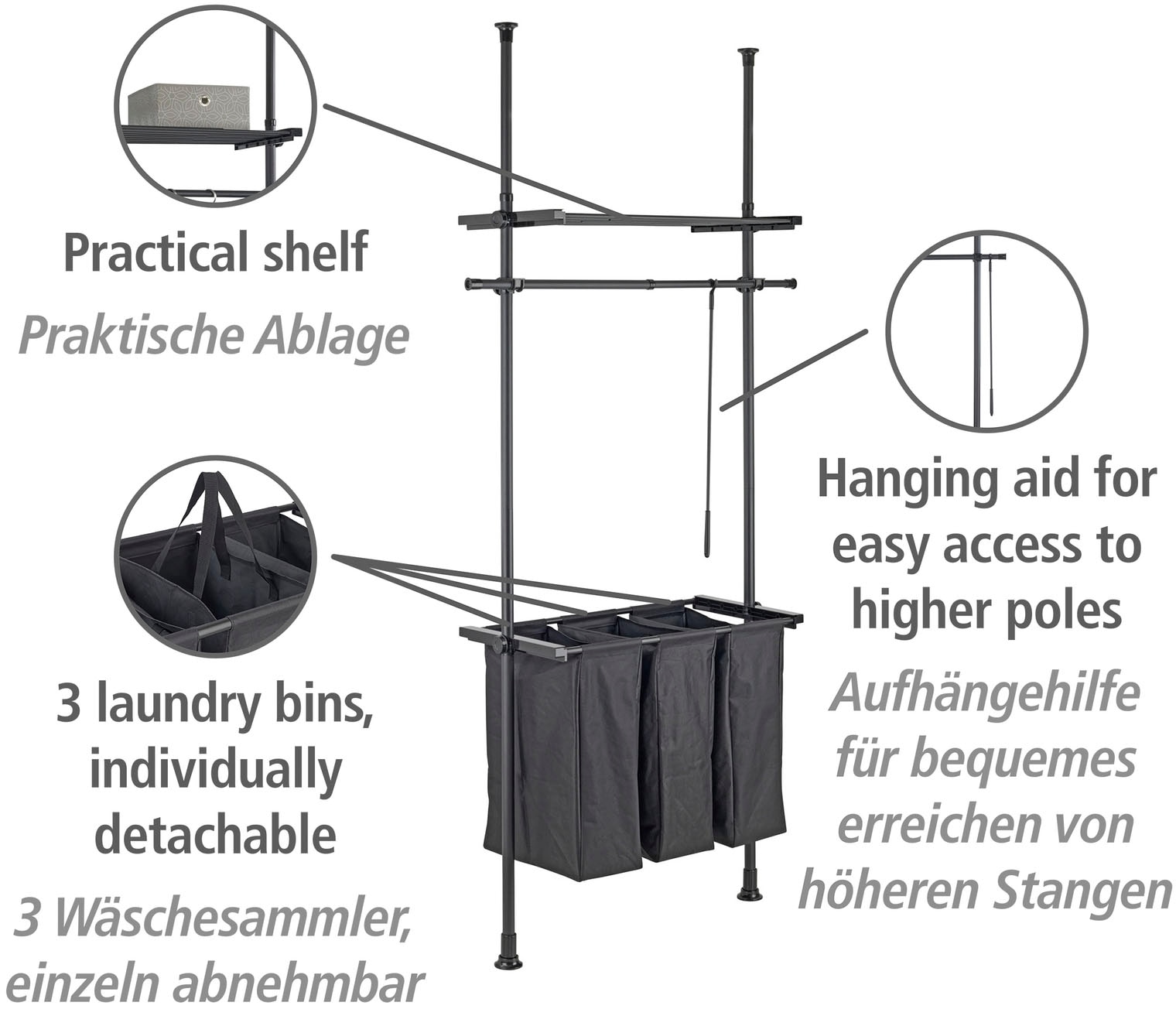 WENKO Wäschesortierer »Herkules (Teleskopsystem)«, Befestigung ohne Bohren,  einfaches Einklemmen, 3 Wäschefächer auf Raten kaufen