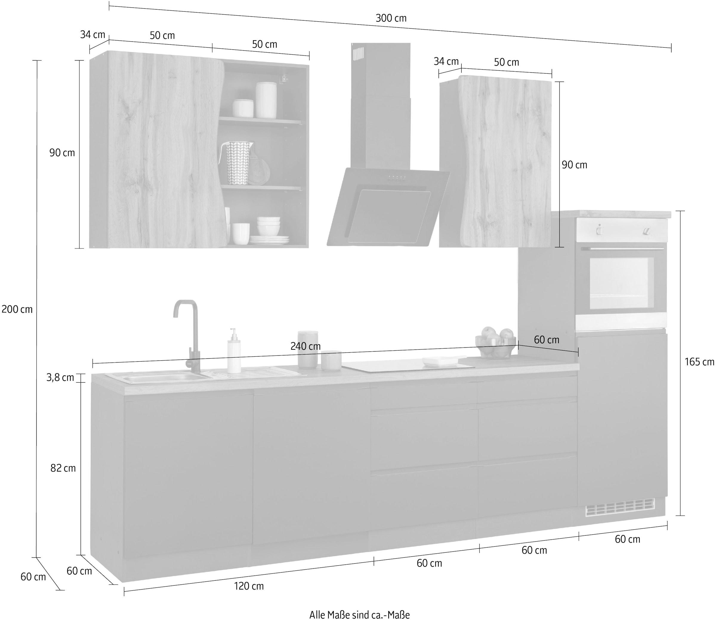 KOCHSTATION Küchenzeile »KS-Bruneck«, 300 cm breit, Ceran-oder Induktionskochfeld, hochwertige MDF-Fronten