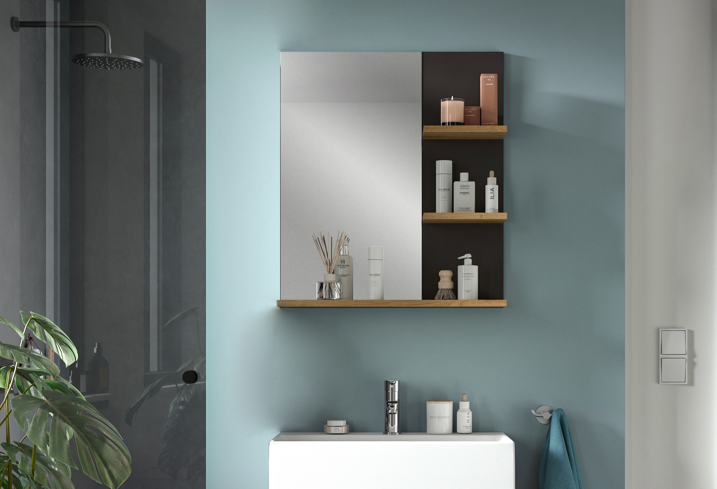 INOSIGN Badspiegel »REHAT, Breite 63 cm, mit 3 Ablageböden, hochwertiges Spiegelglas«, Badmöbel, Spiegel, Wandspiegel, Bad, Badezimmer
