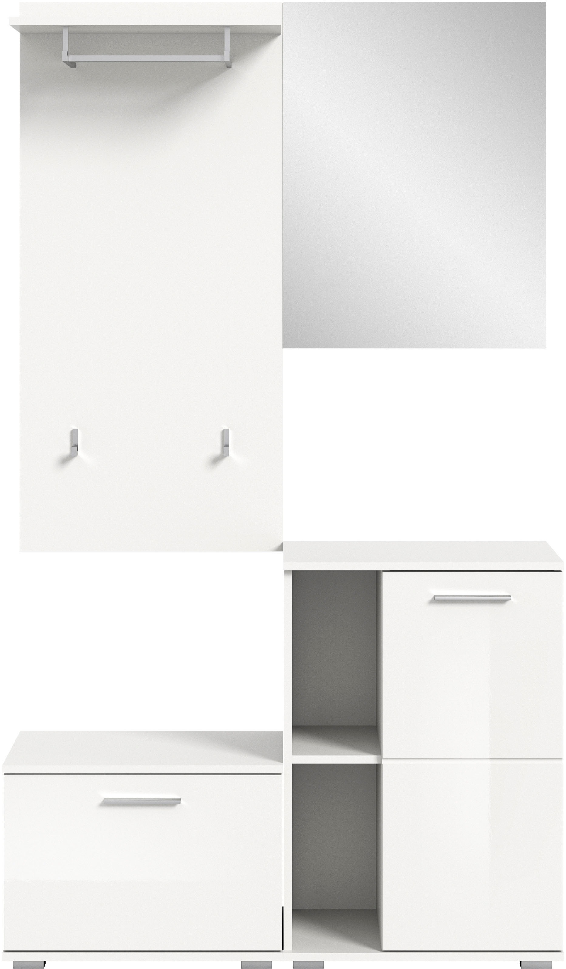 INOSIGN Garderoben-Set »Valge, Breite 110 cm, 4-teiliges Set, bestehend aus:«, (4 St.), Sitzbank, Garderobenpaneel, Schuhschrank und Garderobenspiegel