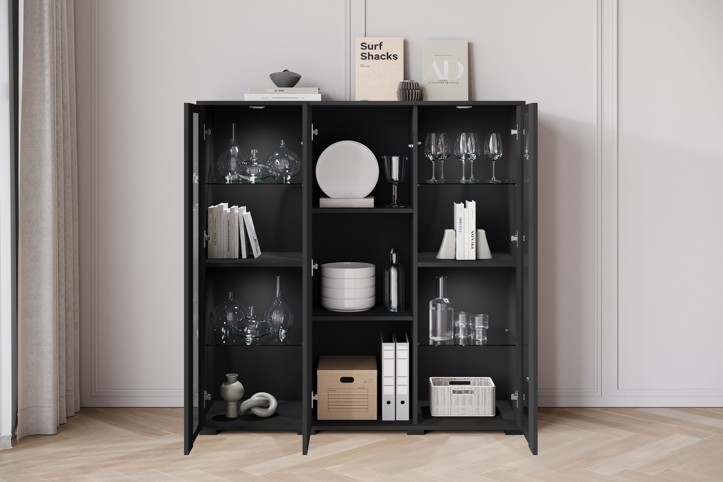 INOSIGN Highboard »Caro, modernes Design mit Glaseinsätzen, Breite 120 cm«, (1 St.), grifflose Fronten mit Push-to-Open, höhenverstellbare Einlegeböden