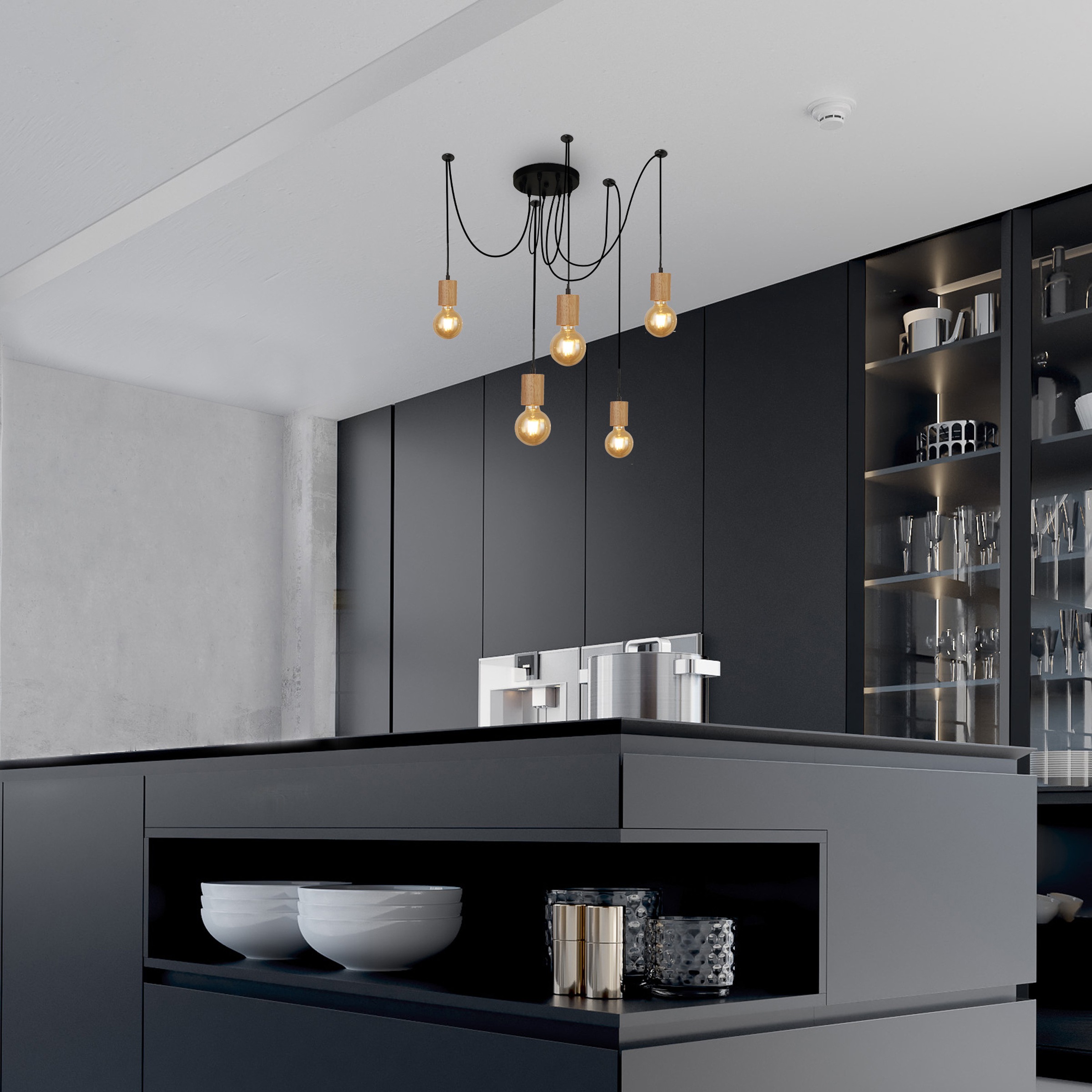 Searchlight Pendelleuchte »Drehbare 5Lt Barenanhänger - Holz & Matt Schwarzmetall« E27 1 Stk.