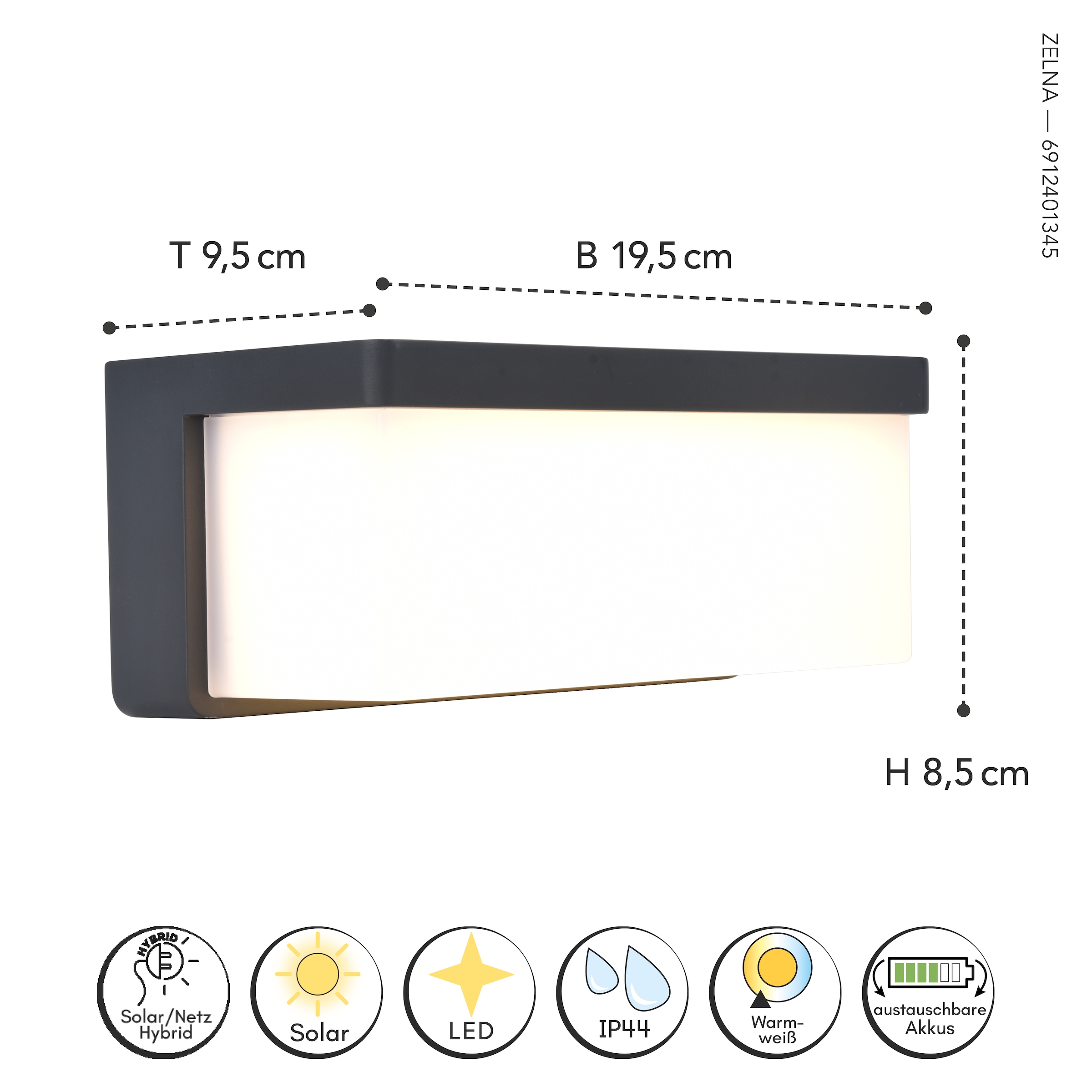 LUTEC LED Solarleuchte »LED-Solarleuchte ZELNA, Hybrid«, 1 flammig, Leuchtmittel LED-Board | LED fest integriert, Solar-Hybrid