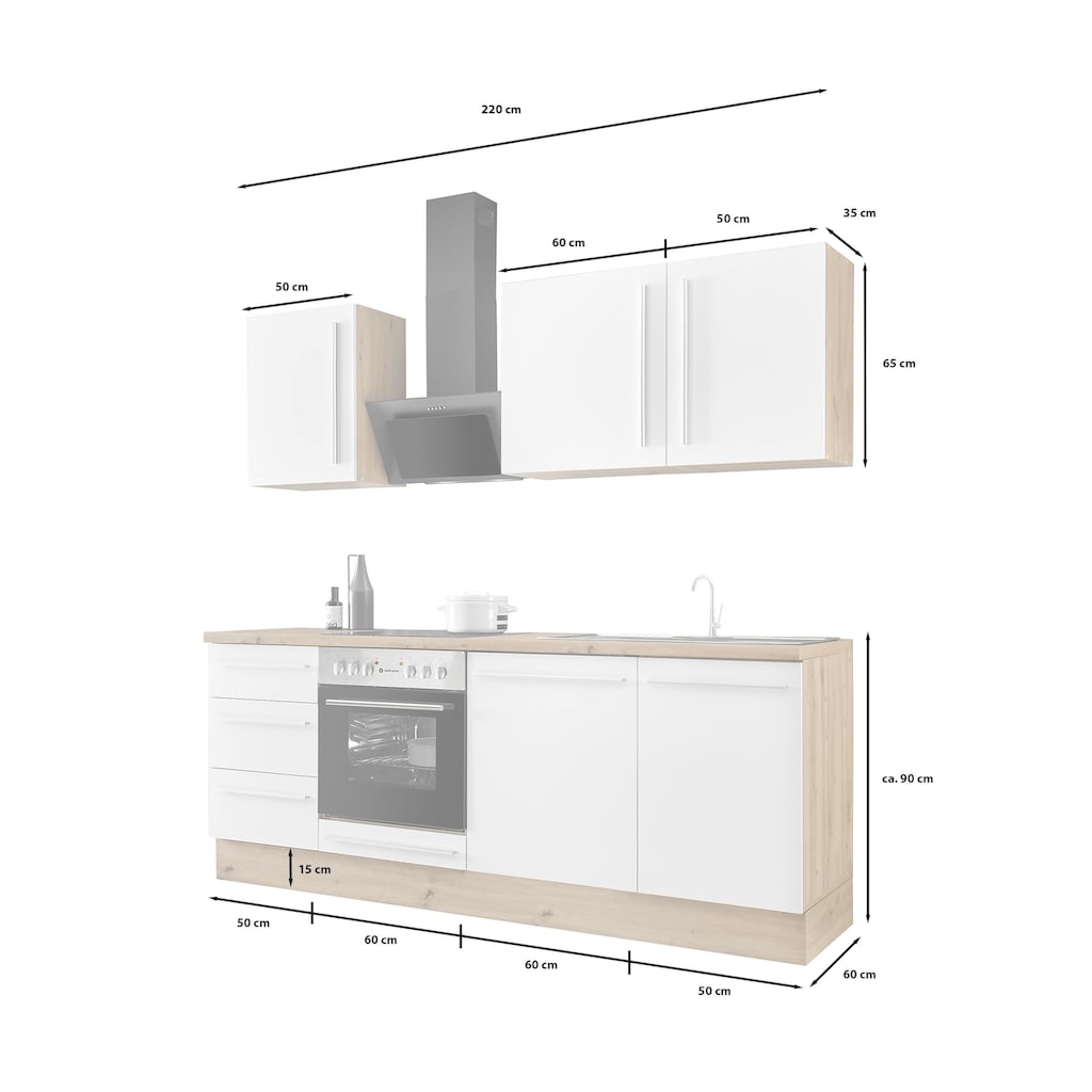 Kochstation Küchenzeile »KS-Florida mit 38mm starker Arbeitsplatte«, Breite 220 cm, wahlweise mit E-Geräten, Soft-Close-Funktion