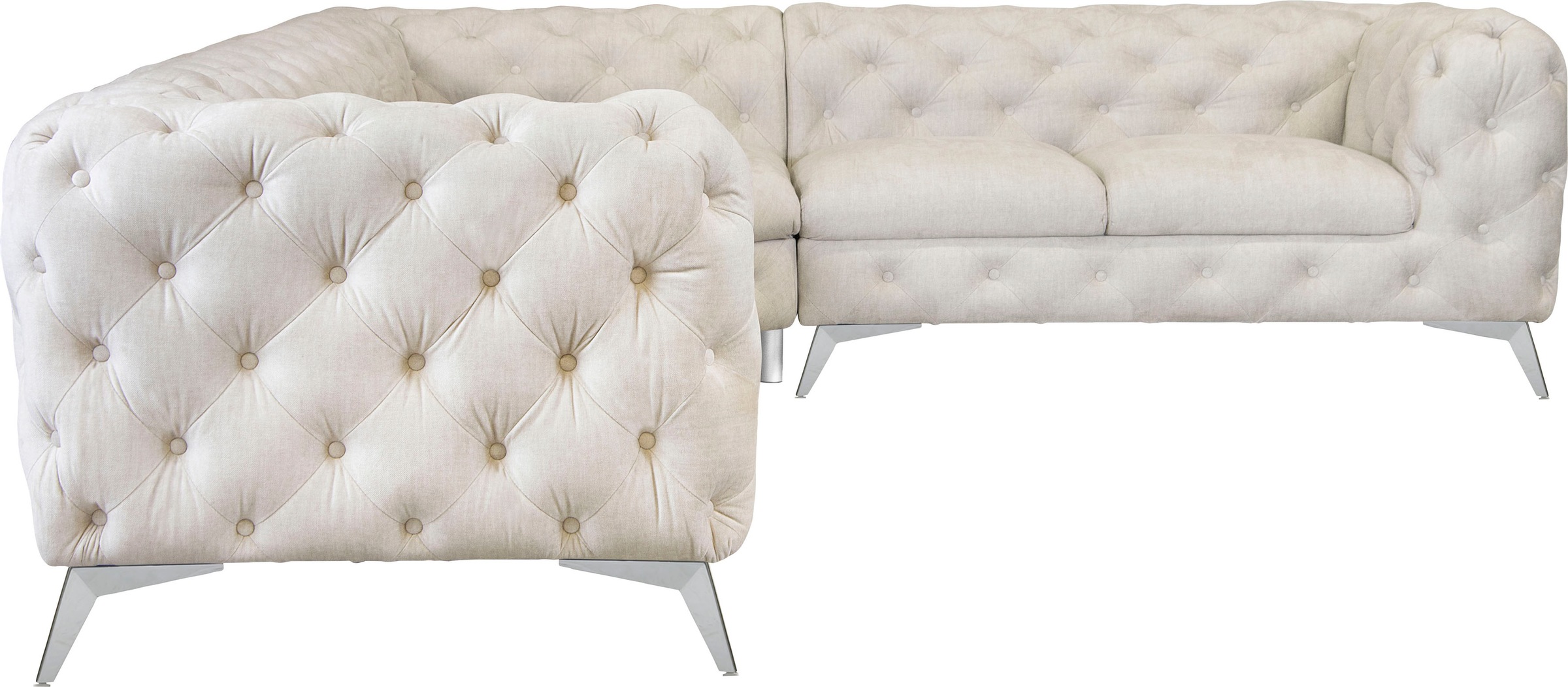 Leonique Chesterfield-Sofa »Ecksofa GLYNIS L-Form mit Wellenunterfederung, Maße B/T/H 323/264/75cm«, aufwändige Knopfheftung, moderne Chesterfield Optik, Fußfarbe wählbar