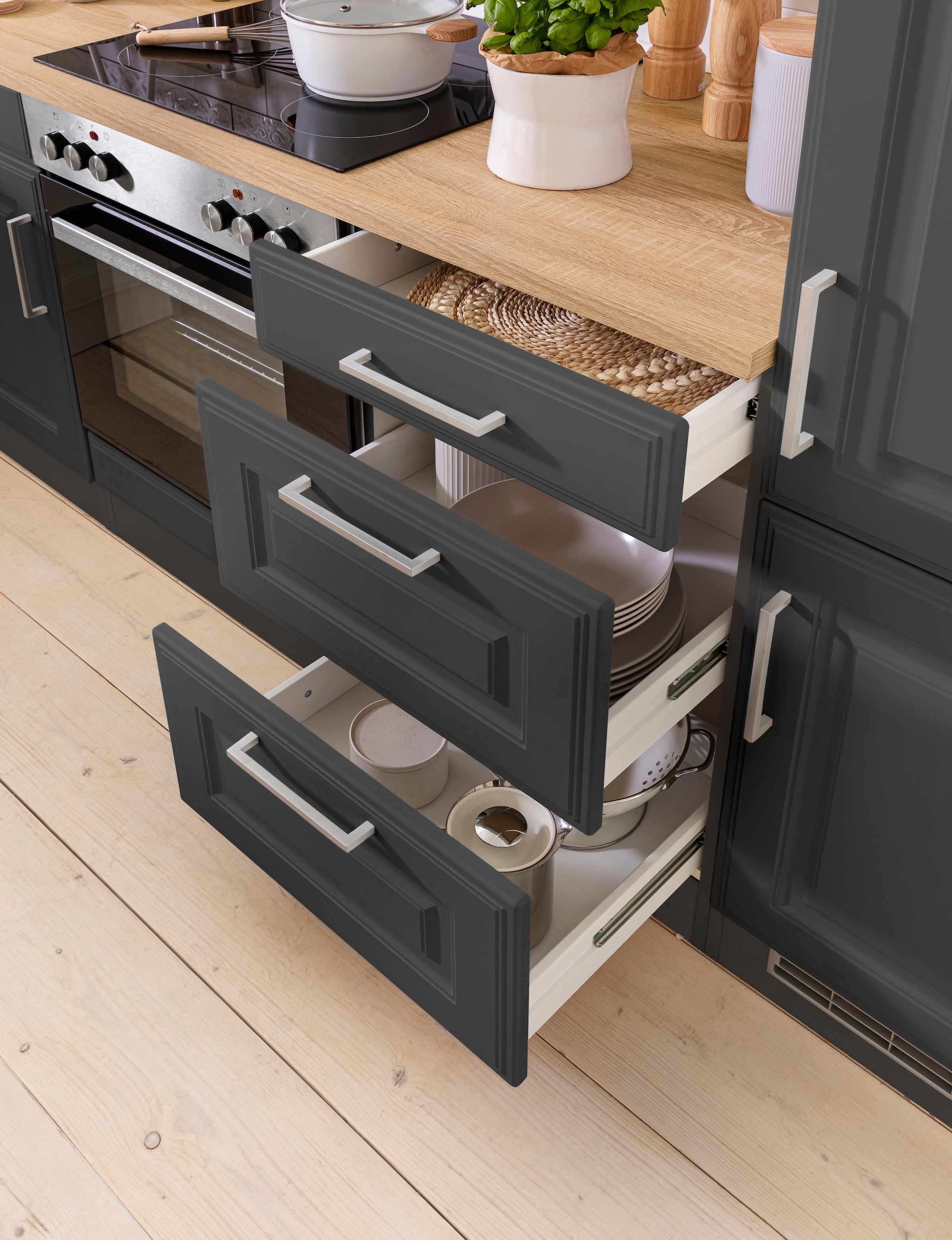KOCHSTATION Winkelküche »KS-Stockholm«, Stellbreite 220/280 cm, mit hochwertigen MDF Fronten im Landhaus-Stil