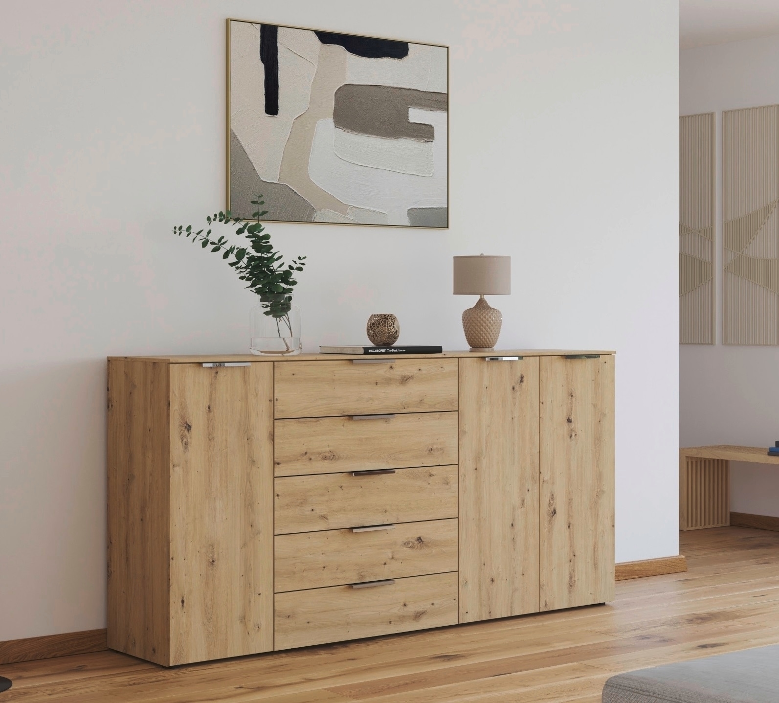 rauch Schubkastenkommode »Kommode Türkommode Sideboard Kombikommode FLIPP«, (Breite 200 cm mit 4 Einlegeböden), 3-türig mit 5 Schubladen und Soft-Close-Funktion
