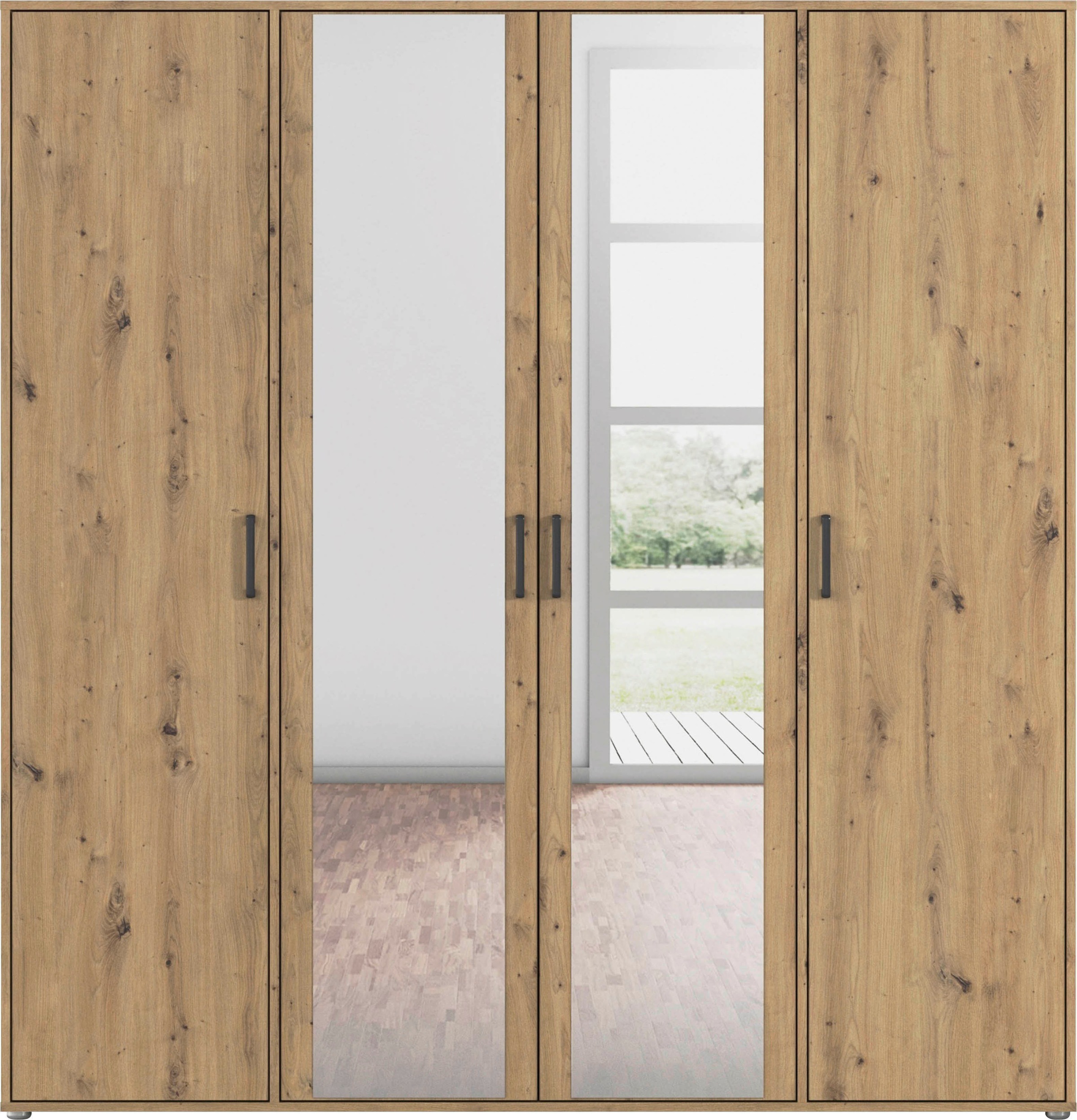 rauch Drehtürenschrank »Kleiderschrank Schrank Garderobe Wäscheschrank VOYAGER«, (in 3 verschiedenen Ausstattungen BASIC/CLASSIC/PREMIUM), mit modernen Griffen in Graumetallic und Spiegel