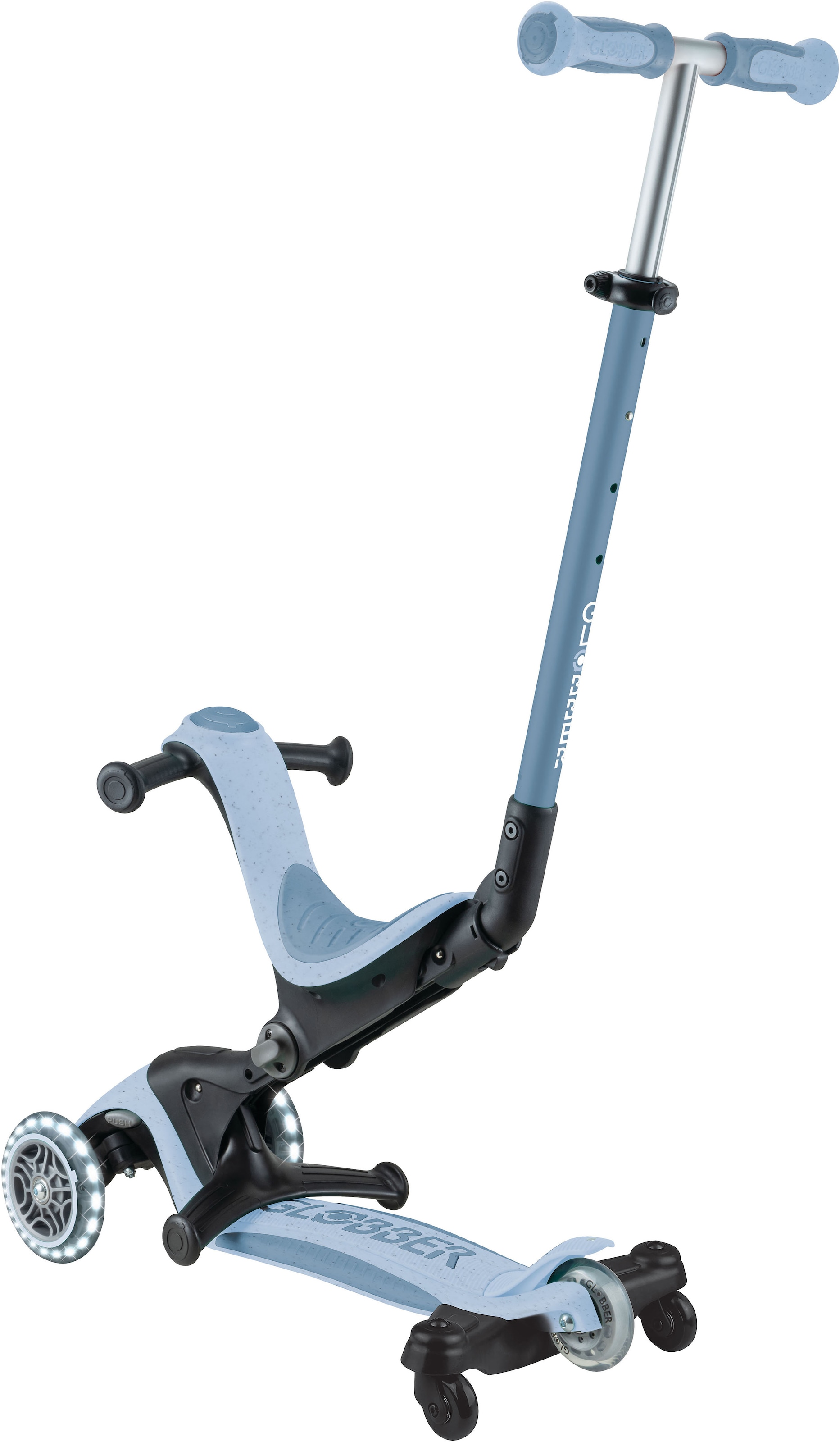 Globber Tretroller »GO-UP DELUXE LIGHTS ECO 360, mit Leuchtrollen« Aufsitzrad mit Schubstange, Laufrad und Scooter