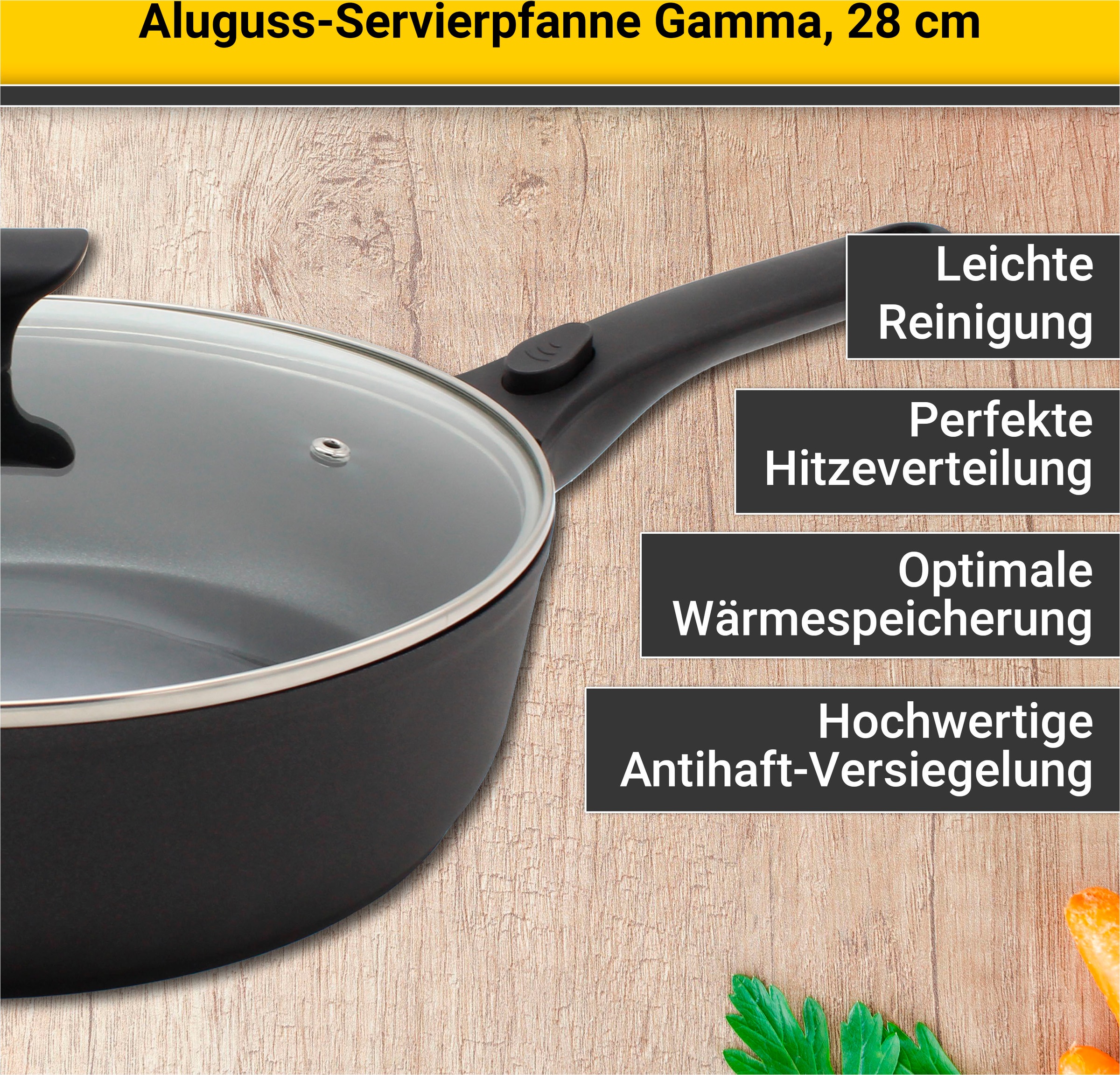 Krüger Servierpfanne »Aluguss Pfanne GAMMA mit Glasdeckel, 28 cm, mit abneh günstig online kaufen