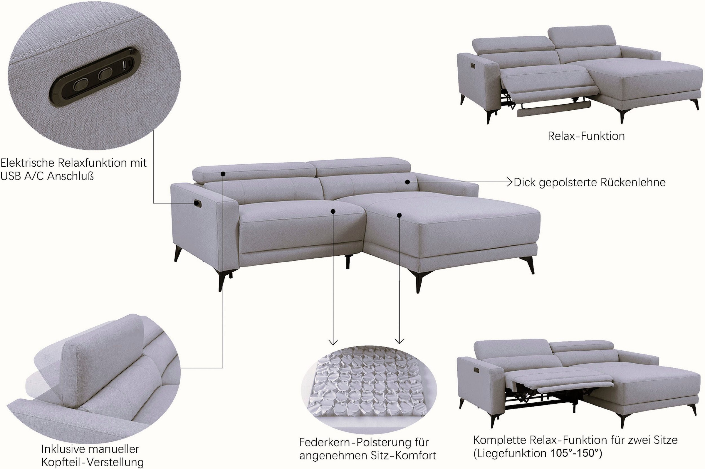 OTTO home Ecksofa »LEWII, L-Form, 213 cm - elektr. Relaxfunktion« mit USB A/C-Anschluss. Federkern, verstellbaren Kopfstützen, Webstoff