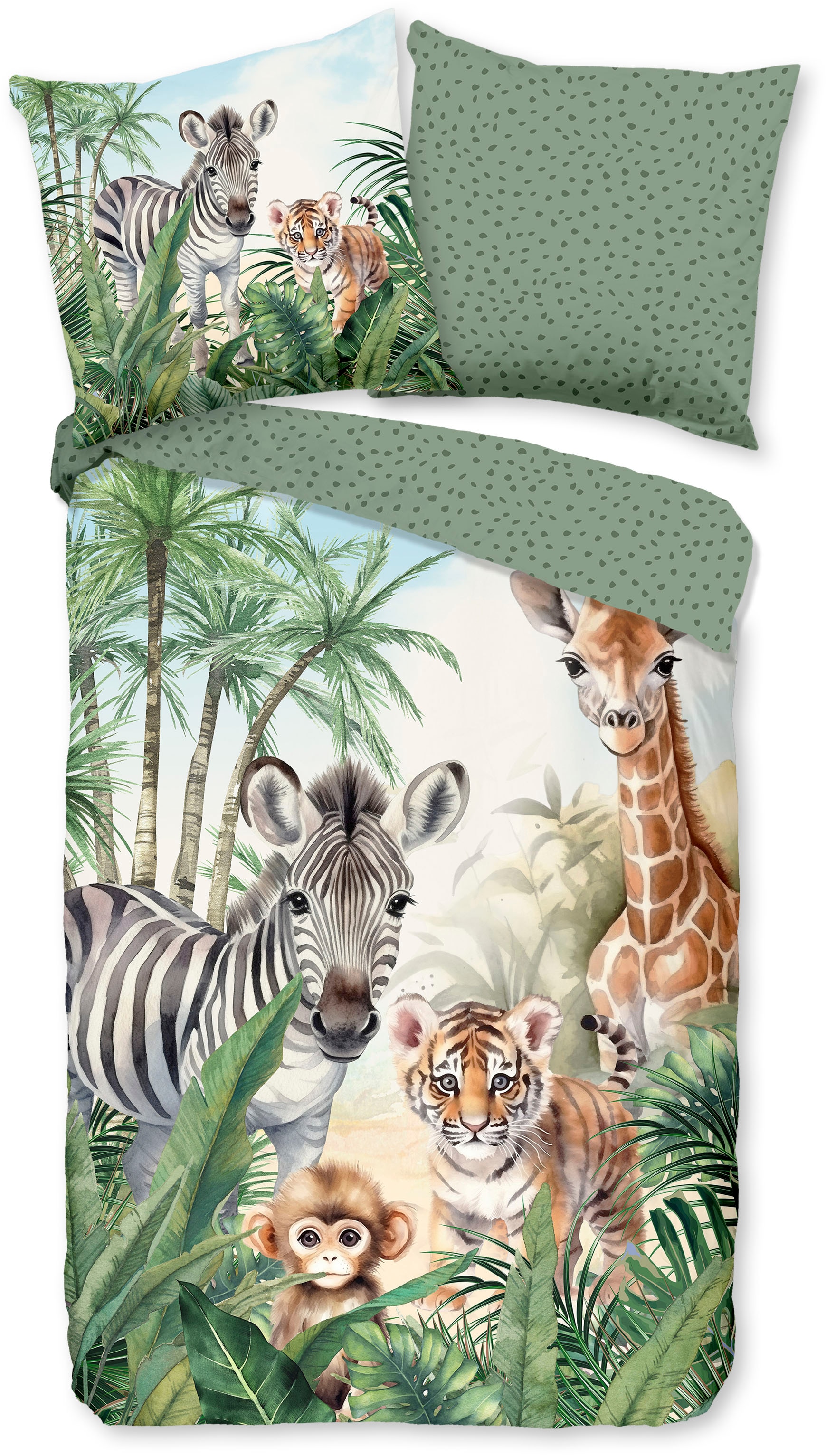 good morning Kinderbettwäsche »Thabo«, Baumwolle, 135x200, Wende, Kind, Zebra Giraffe Löwe Affe, safari, grün