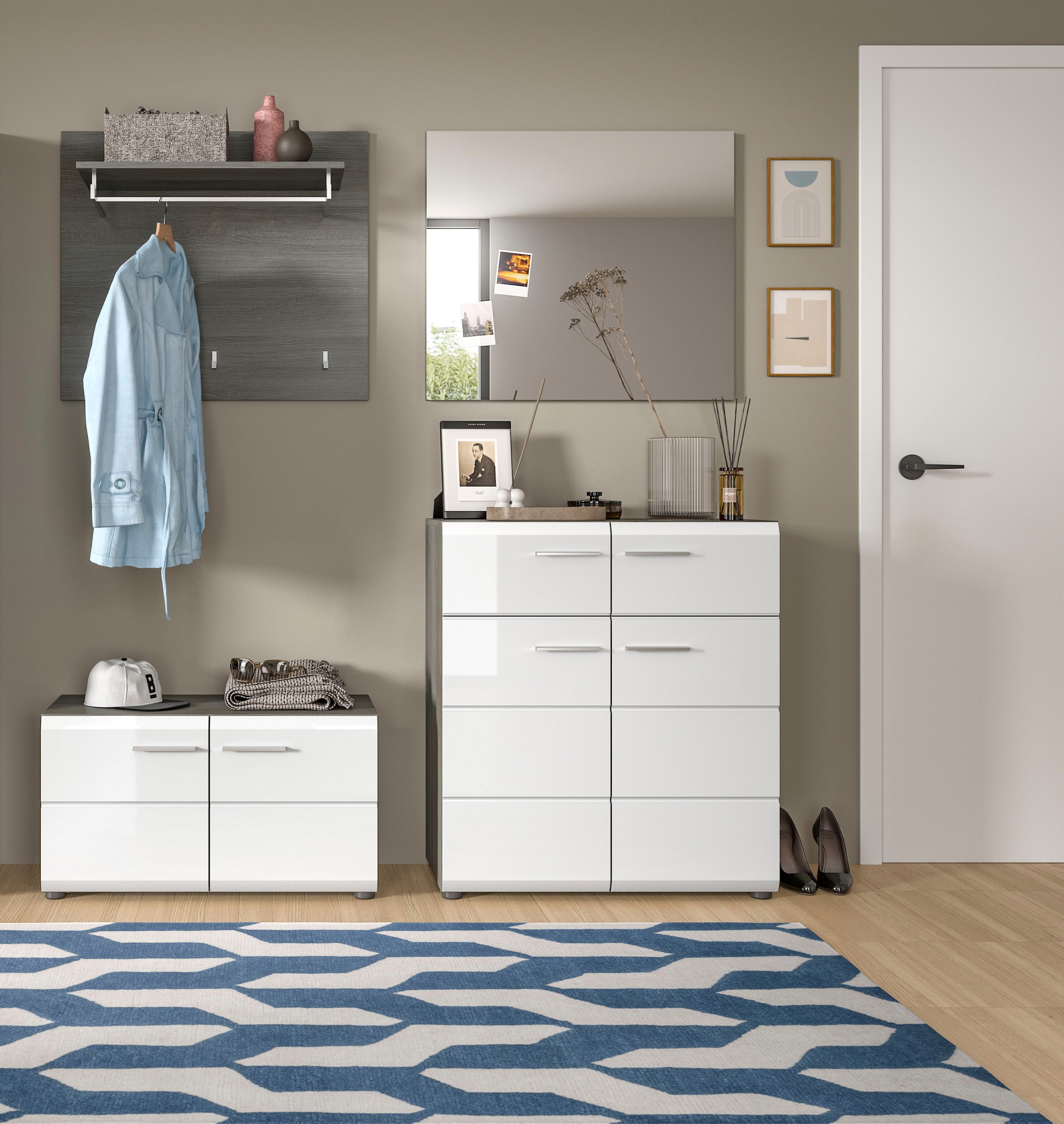 INOSIGN Garderoben-Set »Rumba, 4-teilig, Breite 175 cm, Hochglanz Front, bestehend aus:«, (4 St.), Sitzbank, Garderobenpaneel, Schuhschrank, Spiegel