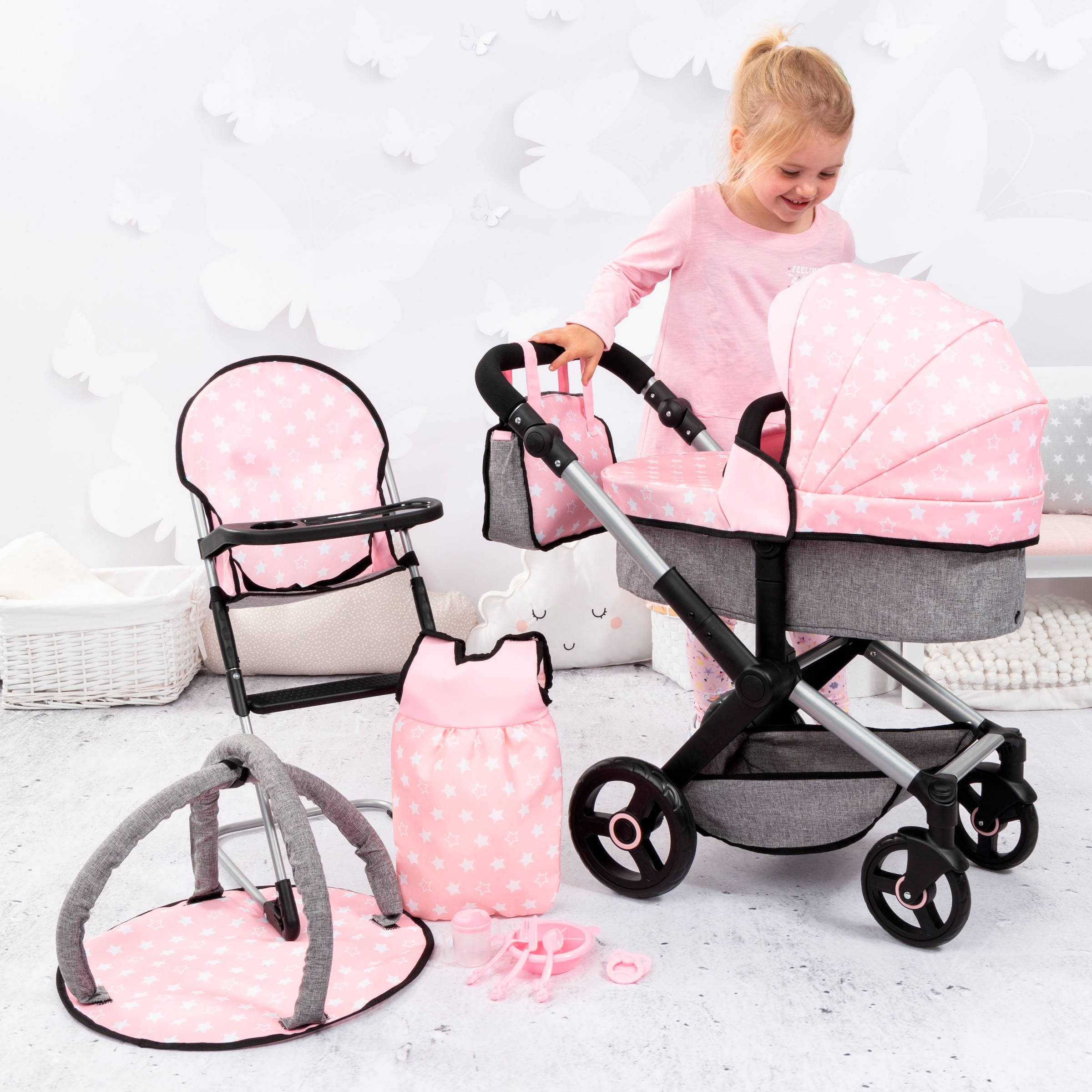 Bayer Kombi-Puppenwagen »Xeo Deluxe, rosa«, (Set)