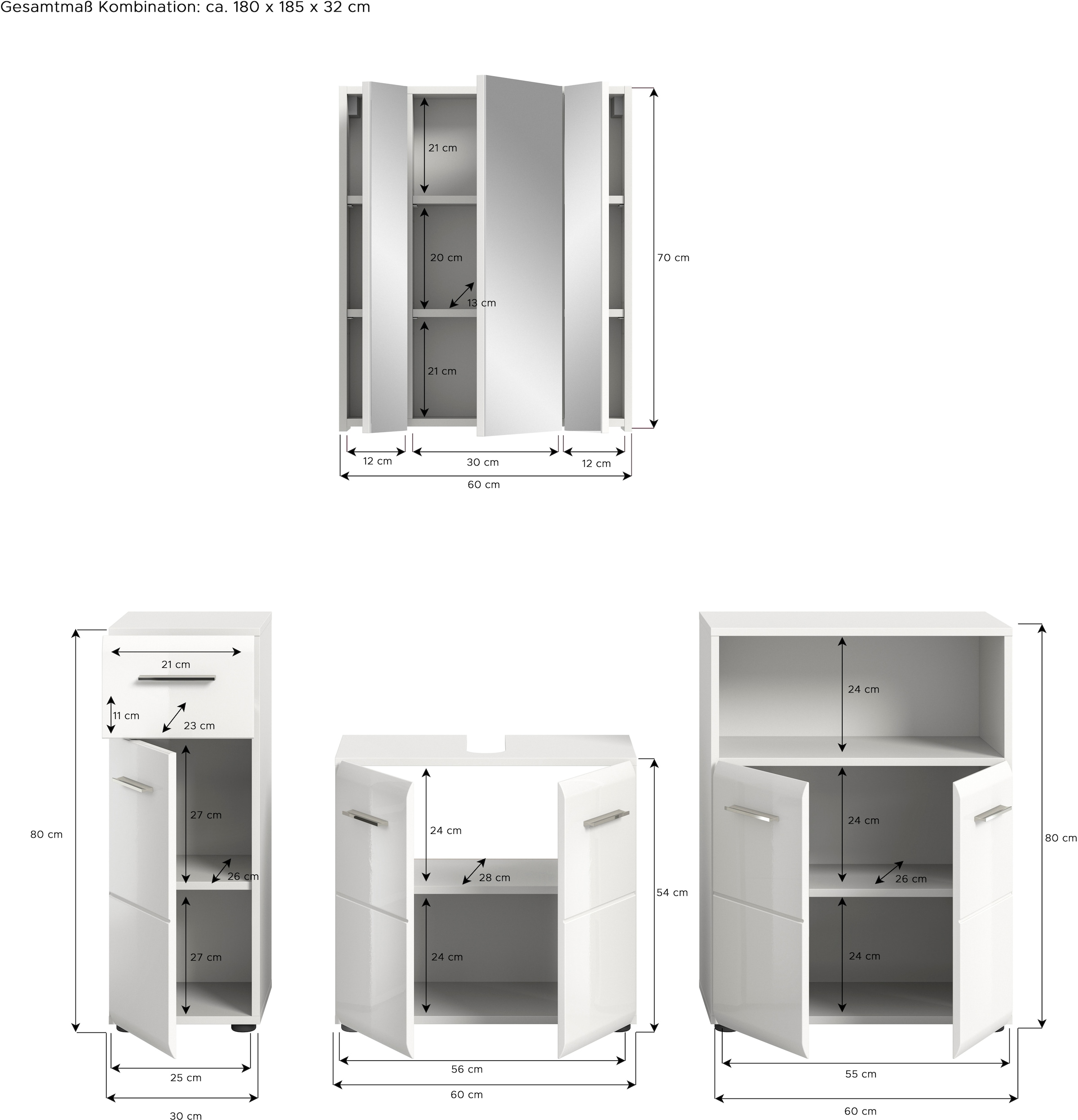 INOSIGN Badmöbel-Set »FLORENZ, TOPSELLER!, 4-teilige Badkombination, hochwertige MDF-Front«, (Unterschrank, Waschbeckenunterschrank, Spiegelschrank, Midischrank), Bad-Kombination, Bad-Möbel, Badezimmer, Kombination, Kombi