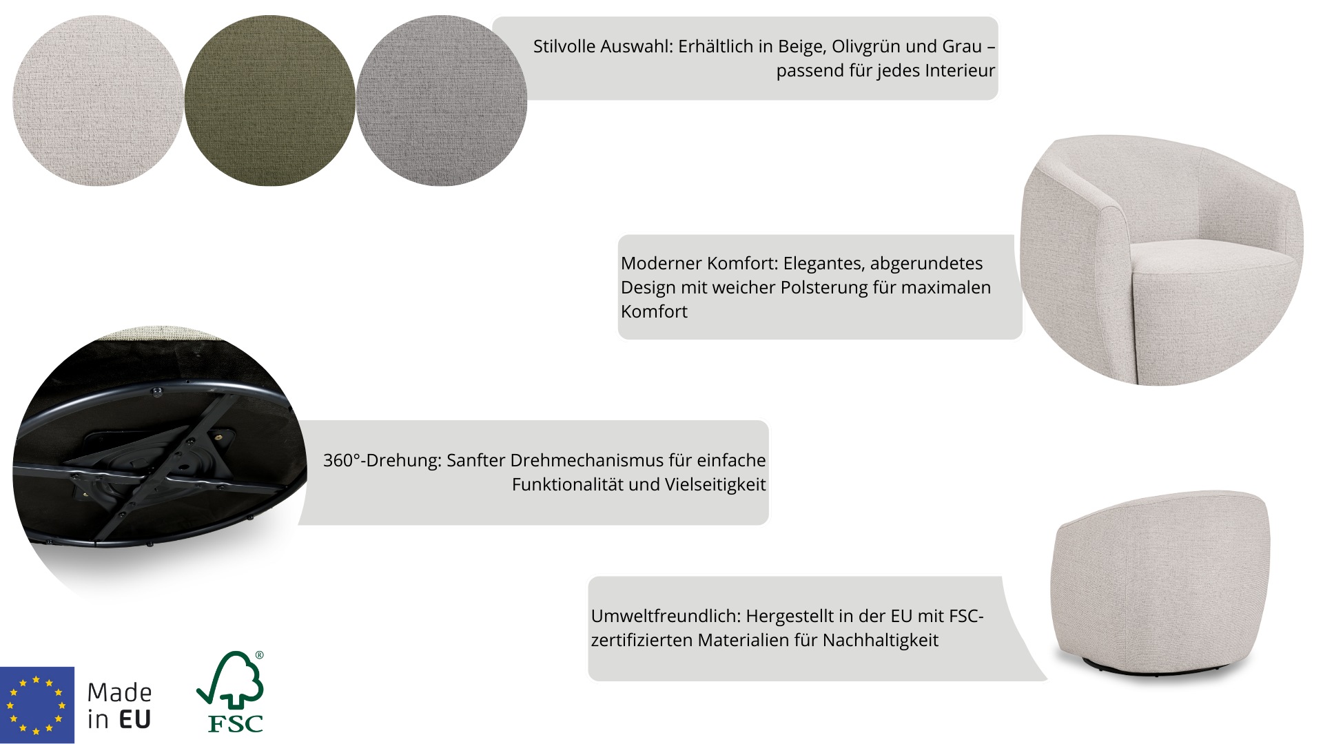 andas Drehsessel »Vallsta«, Breite 85 cm, Chenille oder Boucle Stoff, Drehfunktion verfügbar