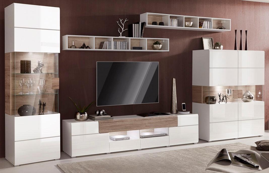 INOSIGN Wohnwand »Toledo,Breite 391cm stilvolle Mediawand ohne Beleuchtung«, (Set, 5 St.), Anbauwand(Vitrine,Lowboard,Highboard,2xHängeregal)MDF Hochglanzfronten