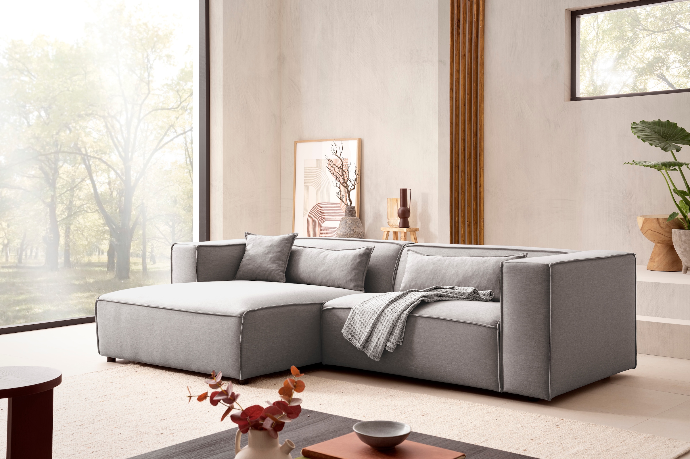 LeGer Home by Lena Gercke Ecksofa »PIARA mit Kedernaht, Cord, Leinenoptik o. Strukturstoff, Couch, L-Form« wahlweise Ottomane rechts/links, schwarze Füße, bequemer Sitzkomfort