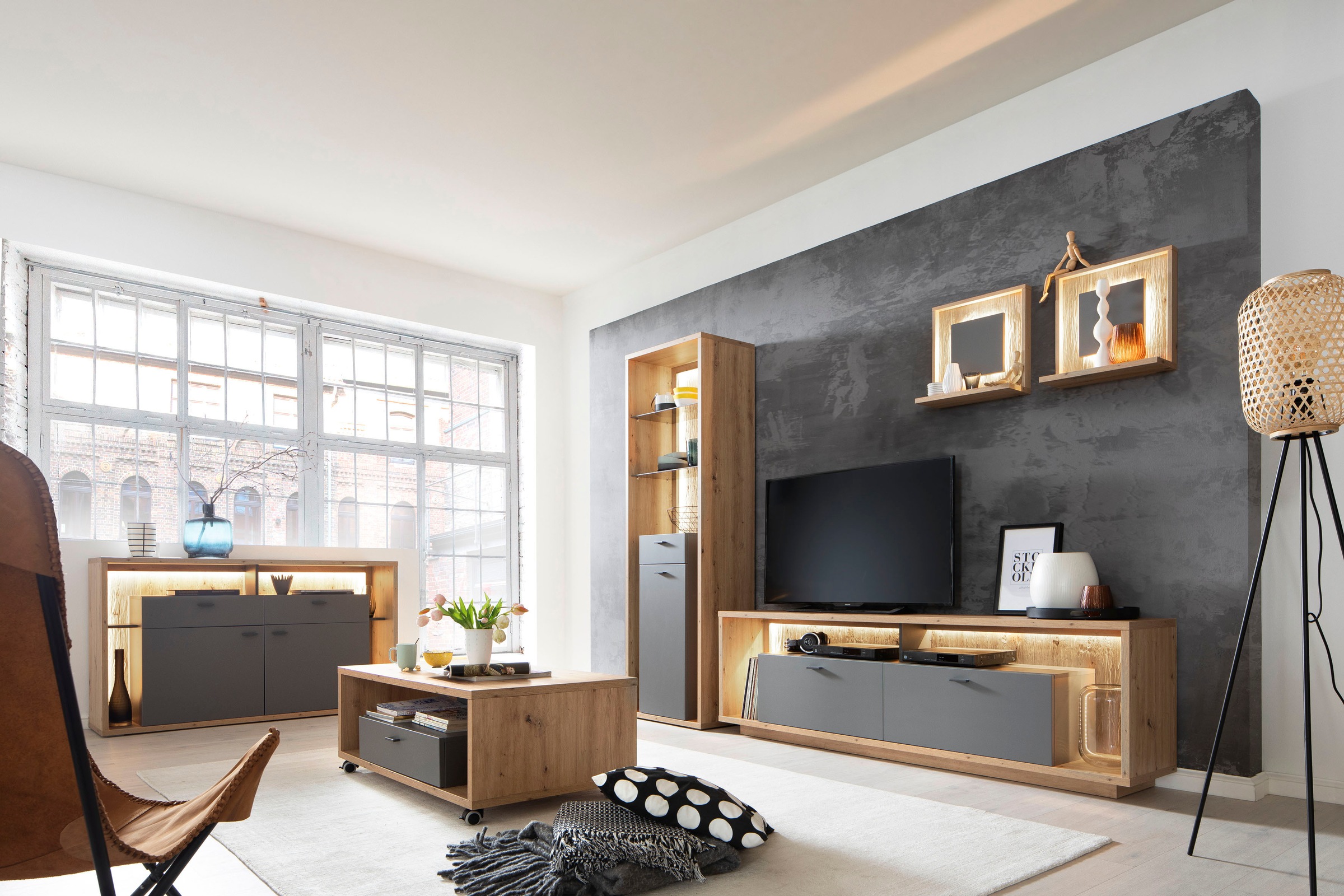MCA furniture Wohnwand »Lizzano«, (Set, 4 St.), im modernen Landhausstil mit 3-D Rückwand, wahlweise mit Beleuchtung