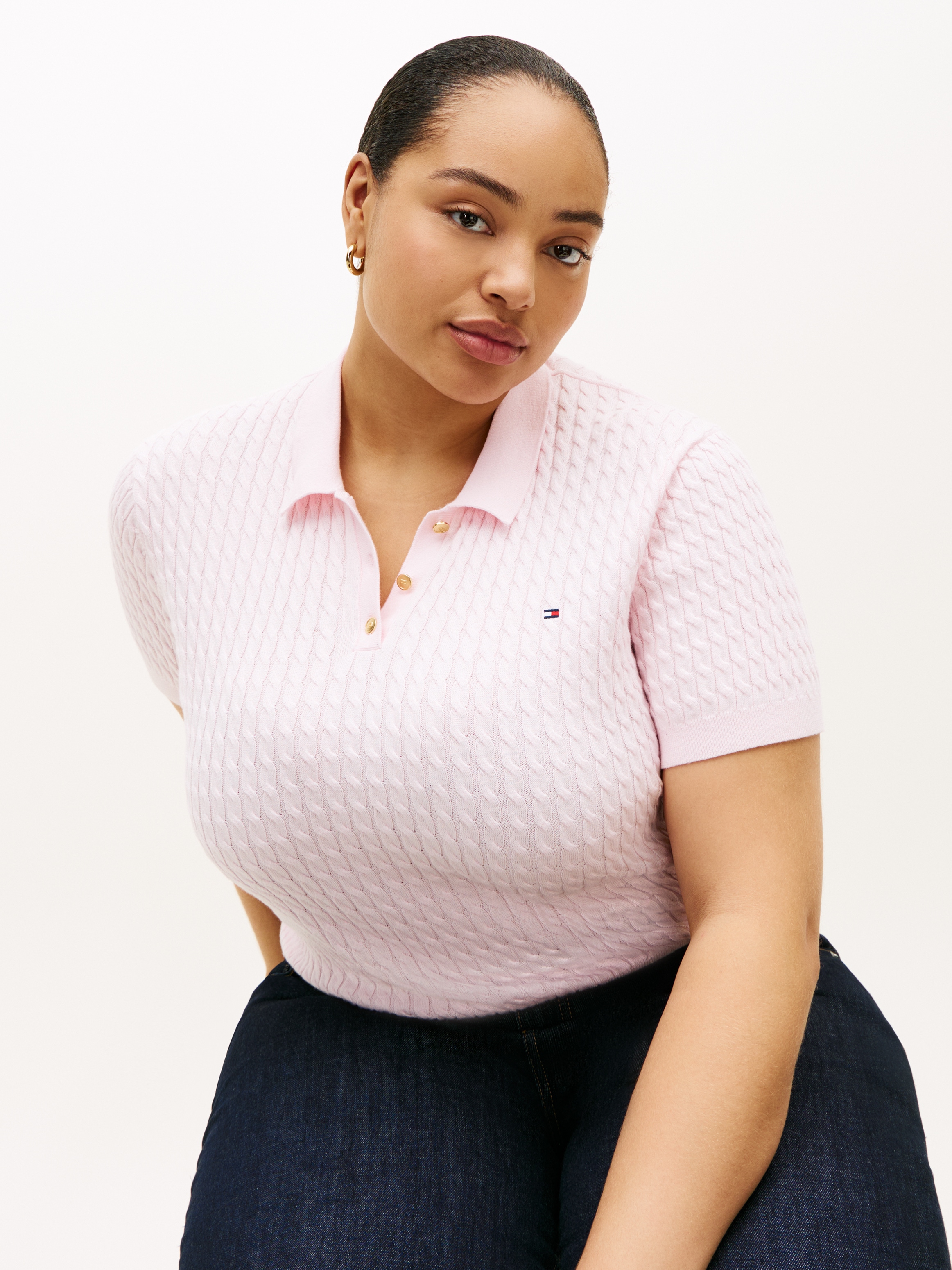 Tommy Hilfiger Curve Polokragenpullover »CRV CO CABLE FINE GG POLO S/S« in großen Größen, mit Zopfmuster