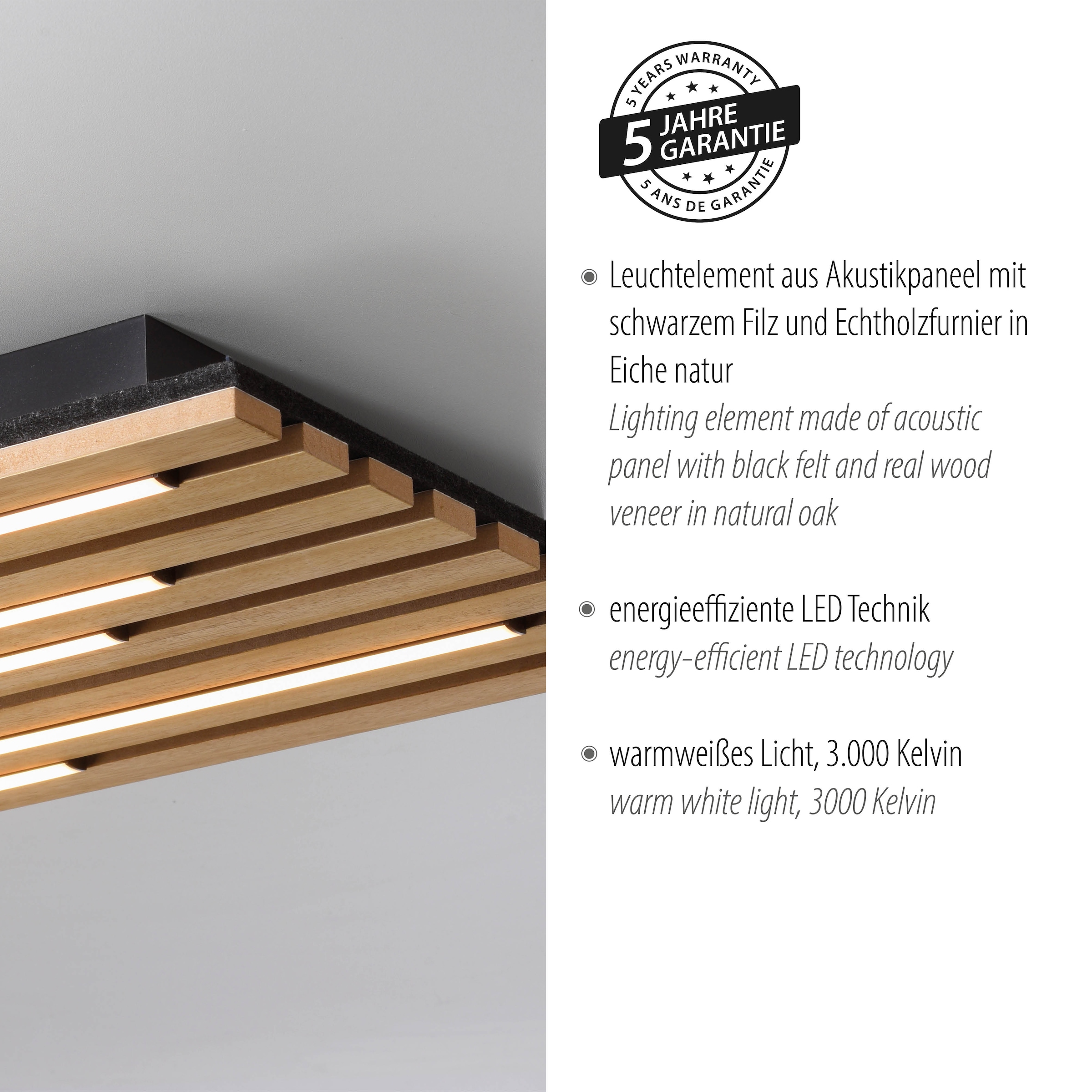 JUST LIGHT LED Deckenleuchte »AKUSTIK« LED-Board 1 Stk. Warmweiß Akustikpaneel mit Echtholzfurnier: Eiche