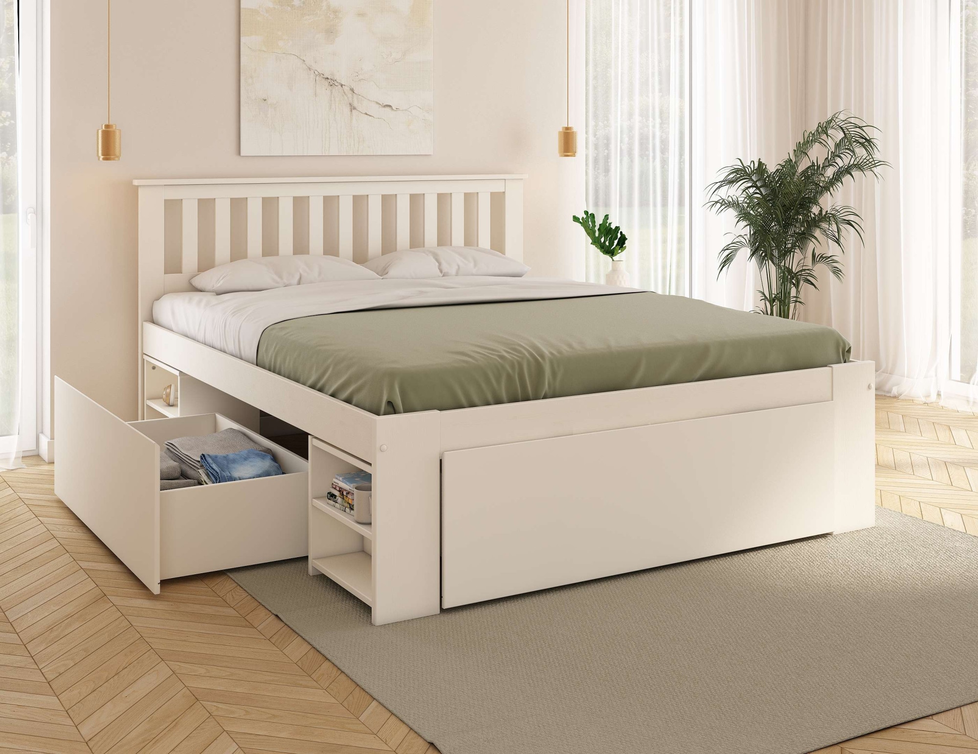OTTO home Massivholzbett »Kallvin, maximaler Stauraum, 3 Bettkästen, Nachtschränke ausziehbar« inklusive Lattenrost, ideal fürs Jugendzimmer und kleine Räume, FSC®