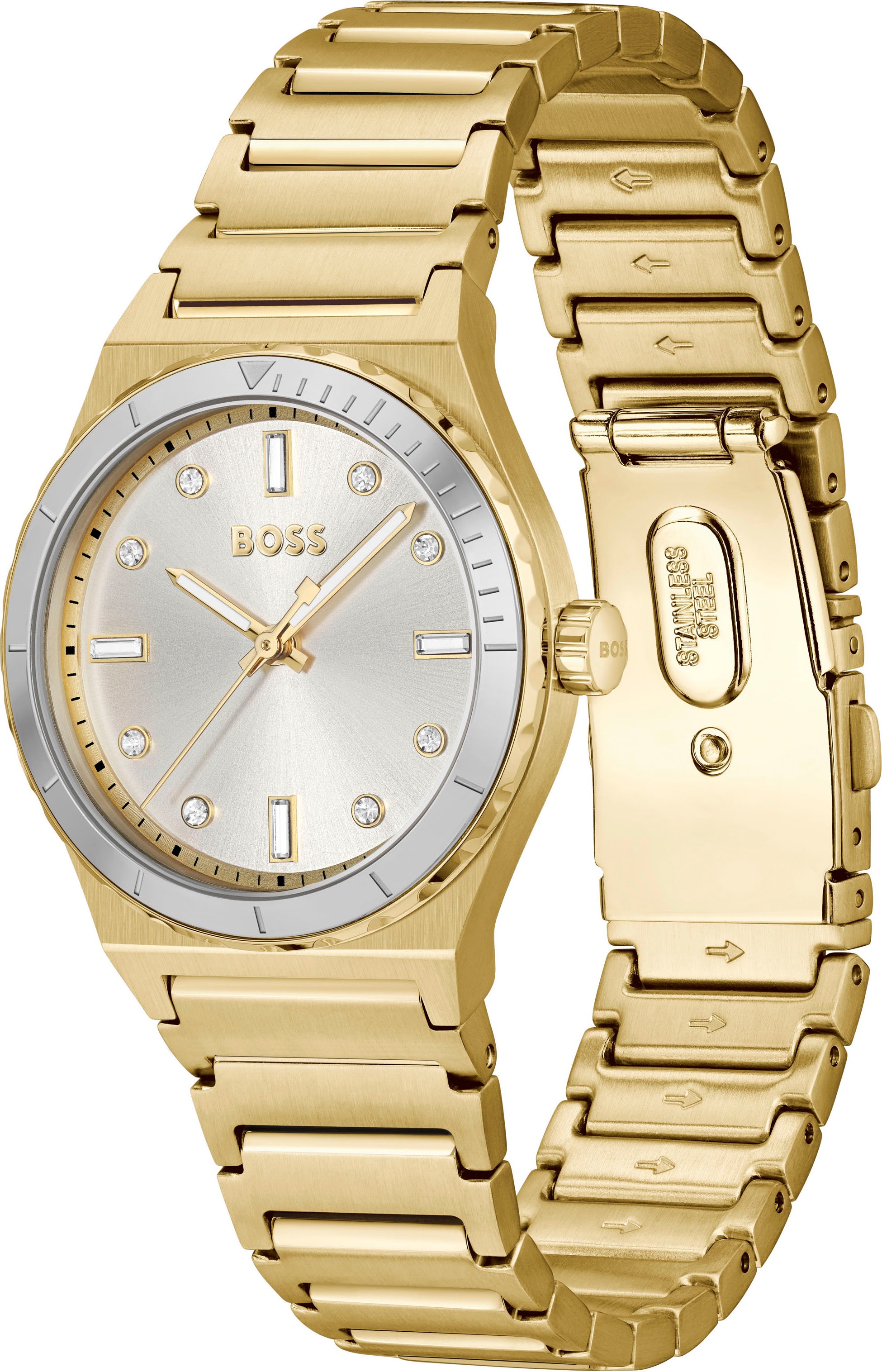 BOSS Quarzuhr »CANDOR LADIES SPORT«, Armbanduhr, Damenuhr, Edelstahlarmband, analog, Glassteine