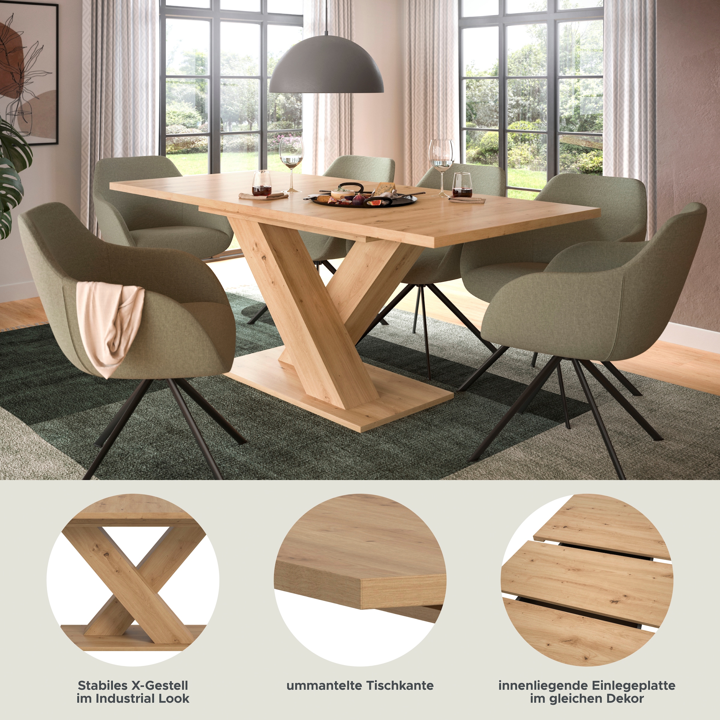 INOSIGN Esstisch »Motus, ausziehbar 150 -190 cm, inklusive 40 cm Einlegeplatte«, (Set, 1 St.), X-Gestell mit Bodenplatte, Tisch, Küchentisch, Esszimmer, Küche