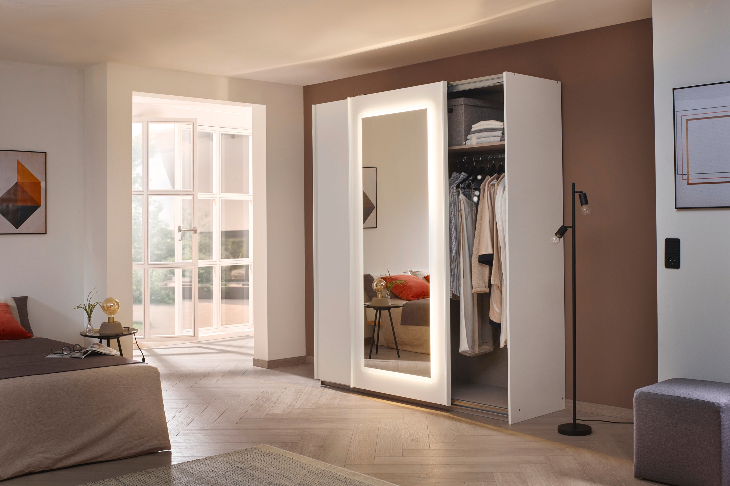 rauch Schwebetürenschrank »Kleiderschrank Schrank Garderobe Wäscheschrank ABRAXXAS«, mit Spiegel und integrierter dimmbarer LED-Beleuchtung MADE IN GERMANY