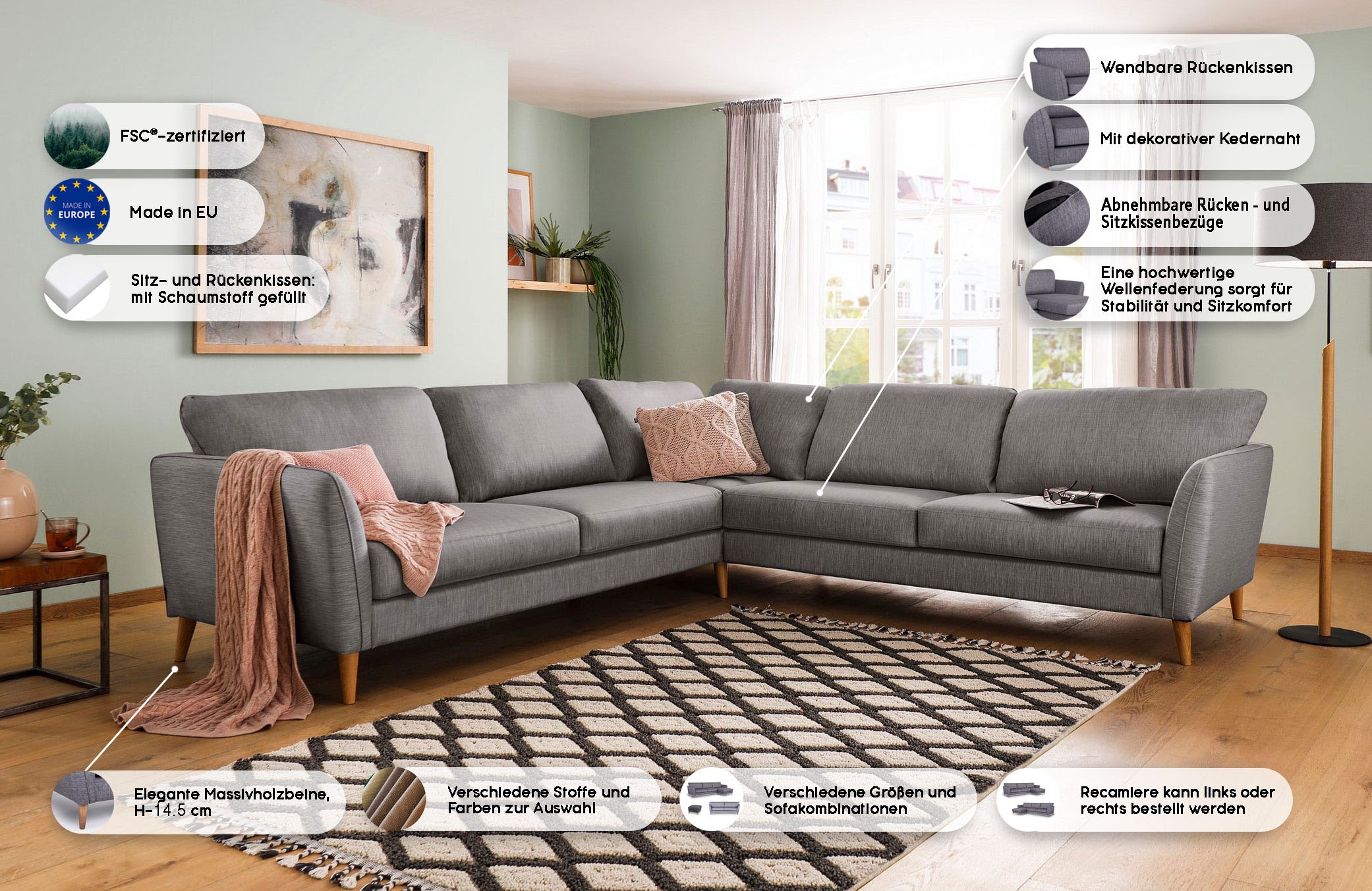 Home affaire Ecksofa »MARSEILLE 278/278 cm, L-Form, Webstoff, Flachgewebe, Filzoptik«, gleichschenklig, Massivholzbeine, Landhausstil, Wellenunterfederung