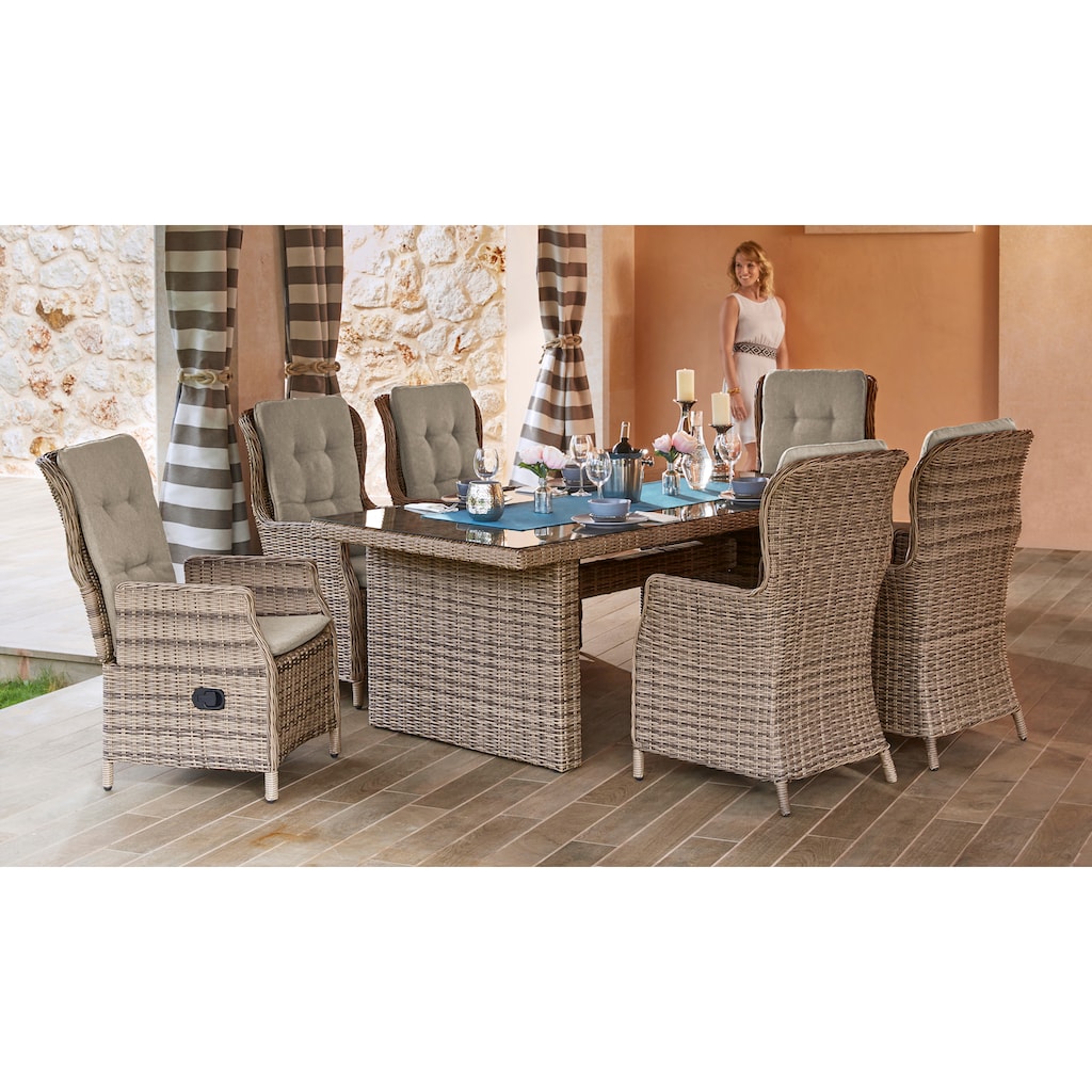 MERXX Garten-Essgruppe »Riviera«, (13 tlg., 6x Sessel inkl. Sitz- und Rückenkissen, 1x Tisch 200x100 cm), Polyrattan, Stahl, inkl. Auflagen, geeignet für 6 Personen